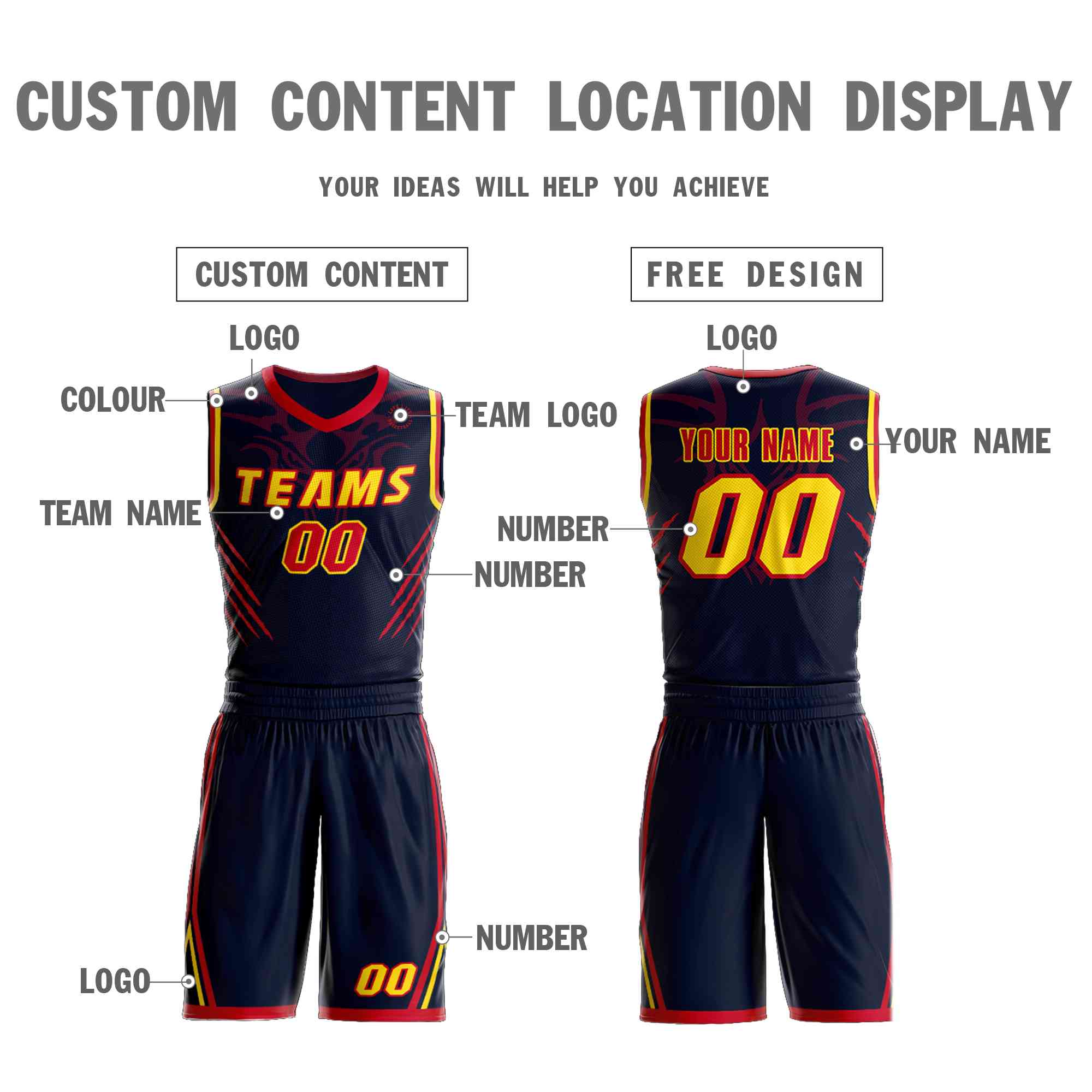 Custom Navy Gold-Red Graffiti Pattern Sets Claw Element Basketball Jersey