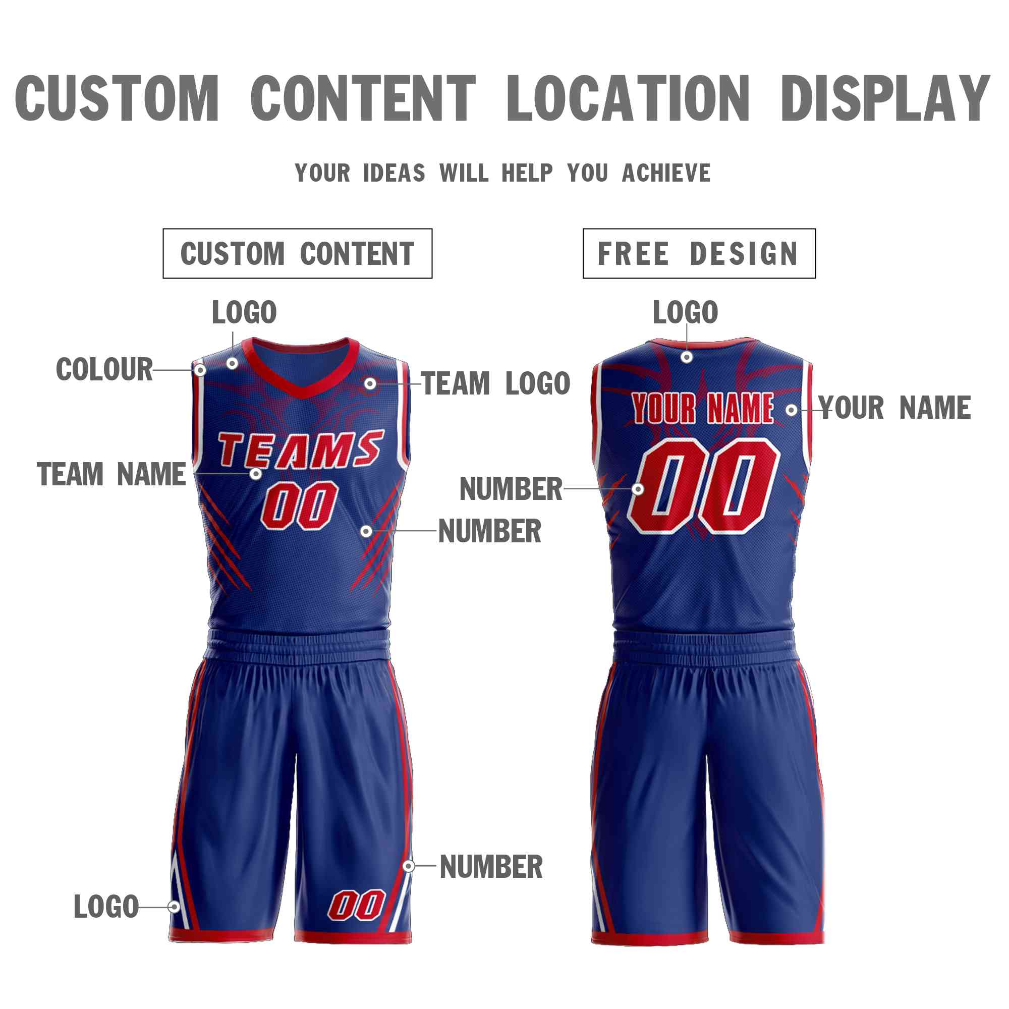 Custom Royal Red-White Graffiti Pattern Sets Claw Element Basketball Jersey