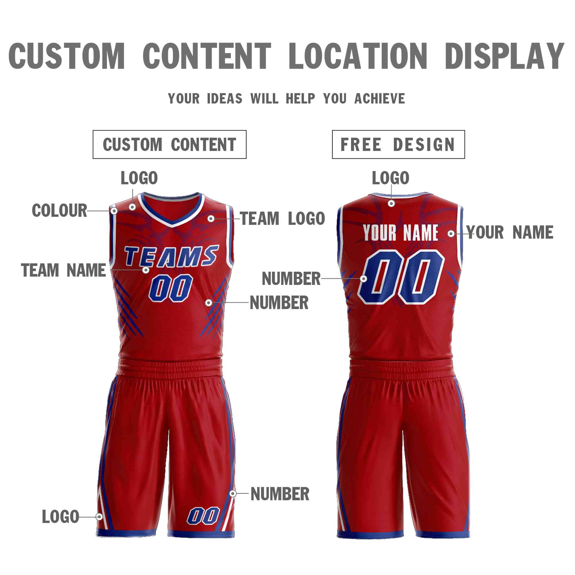 Custom Red Royal-White Graffiti Pattern Sets Claw Element Basketball Jersey