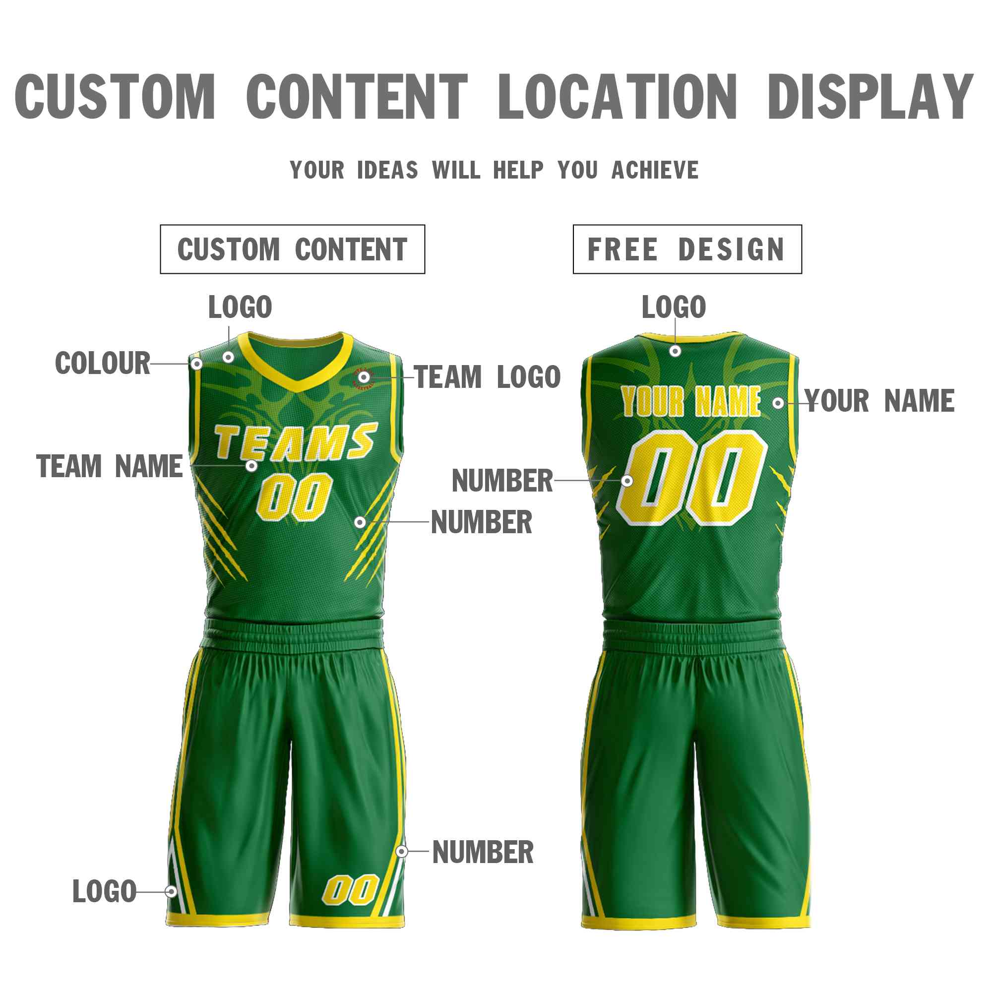 Custom Kelly Green Gold-White Graffiti Pattern Sets Claw Element Basketball Jersey