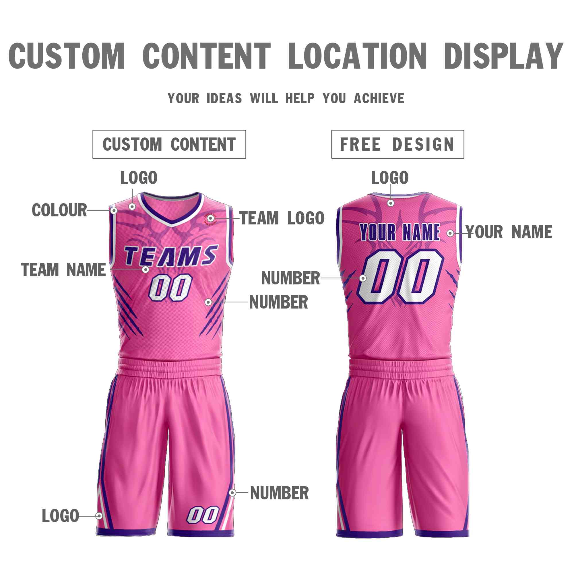 Maillot de basket-ball personnalisé à motif Graffiti rose violet-blanc, élément griffe