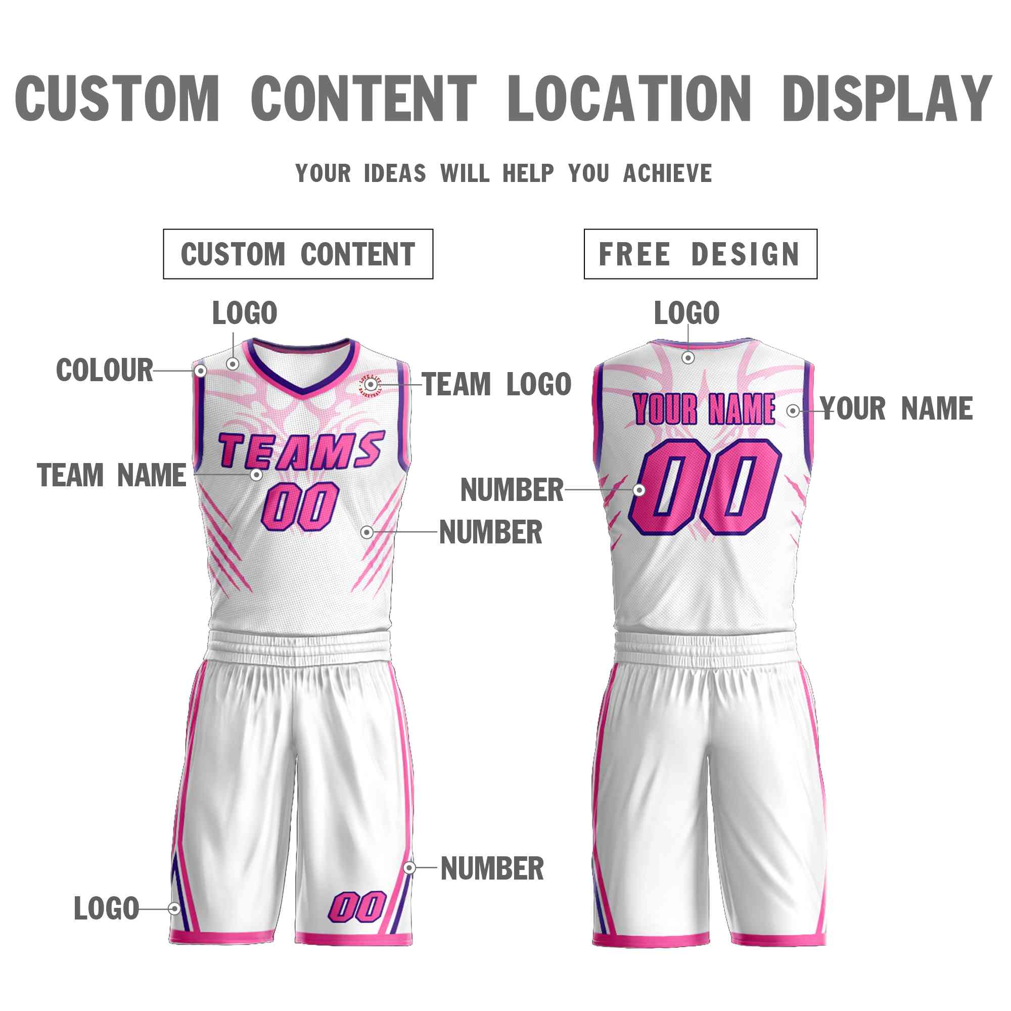 Custom White Pink-Purple Graffiti Pattern Sets Claw Element Basketball Jersey