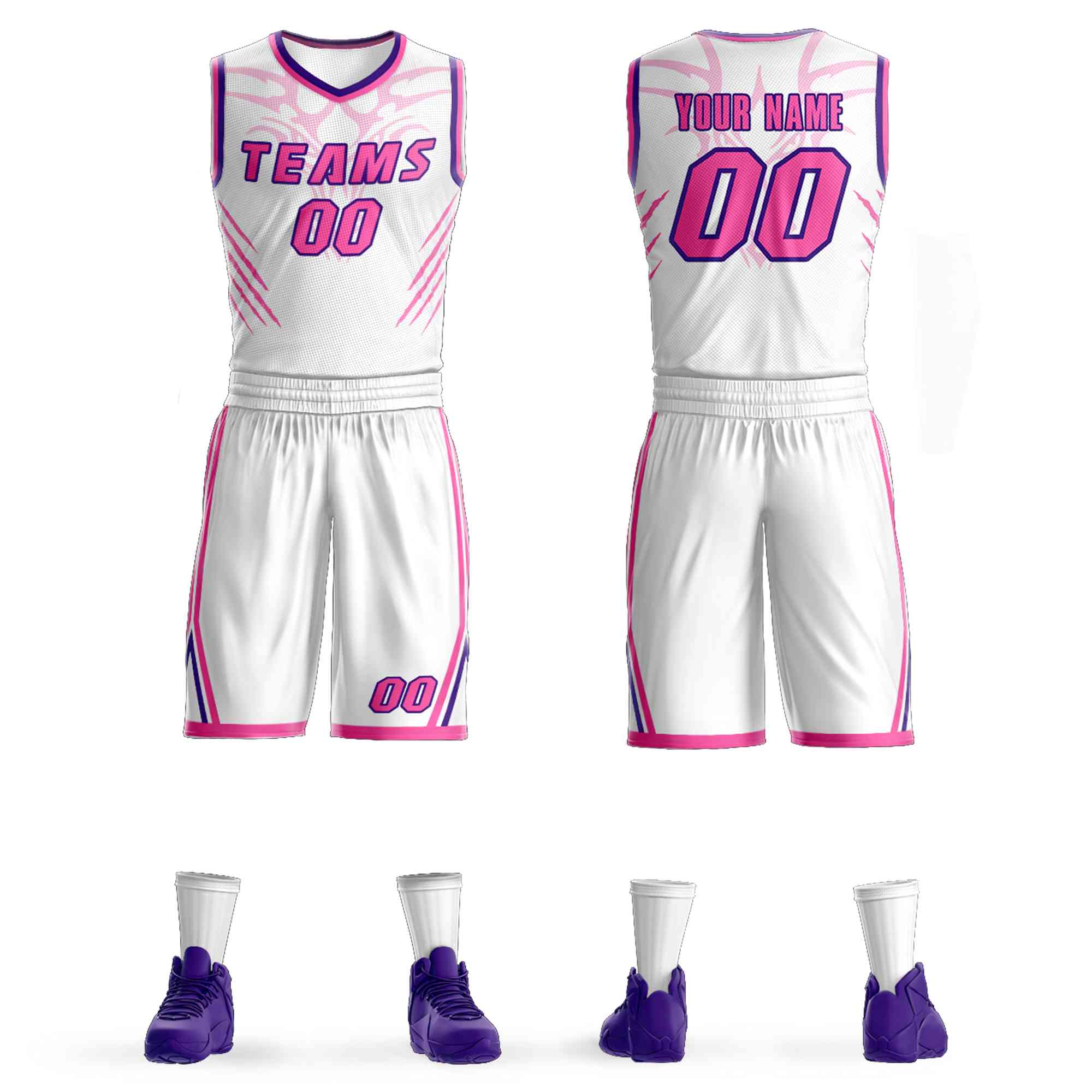 Custom White Pink-Purple Graffiti Pattern Sets Claw Element Basketball Jersey