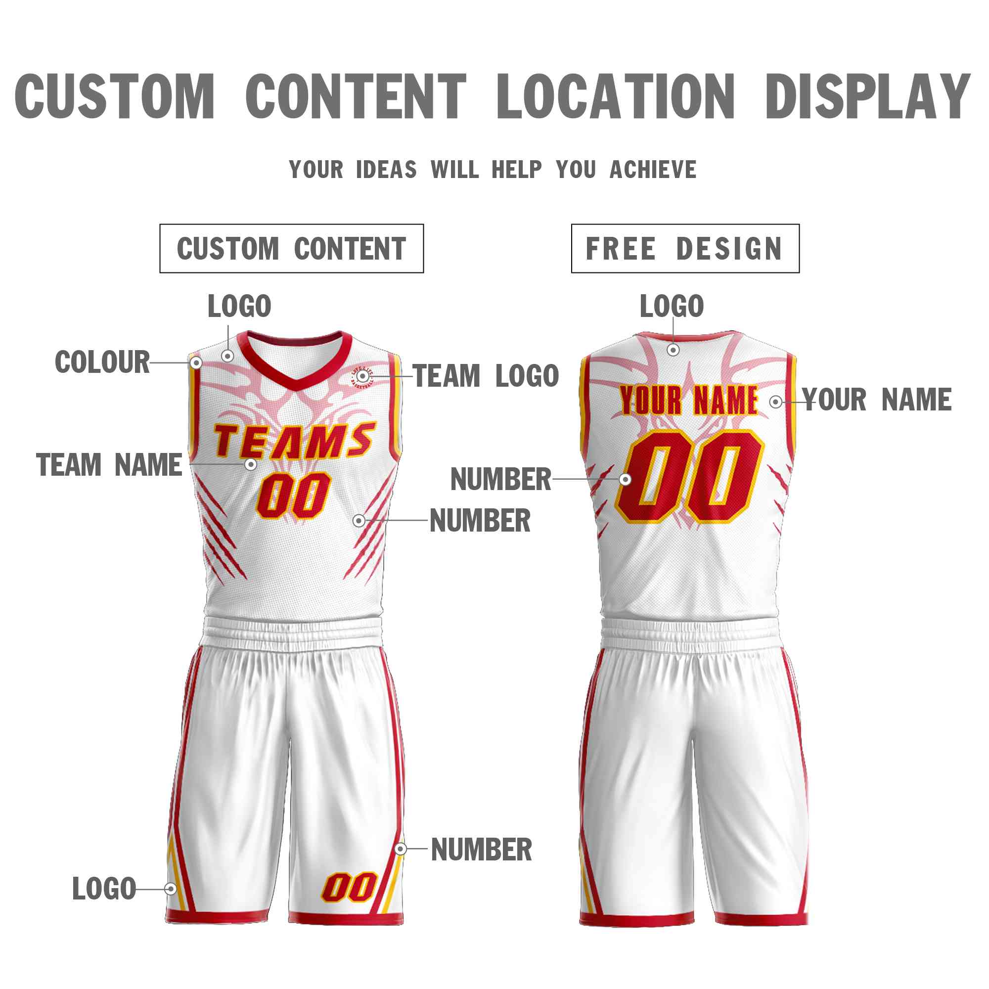 Custom White Gold-Red Graffiti Pattern Sets Claw Element Basketball Jersey