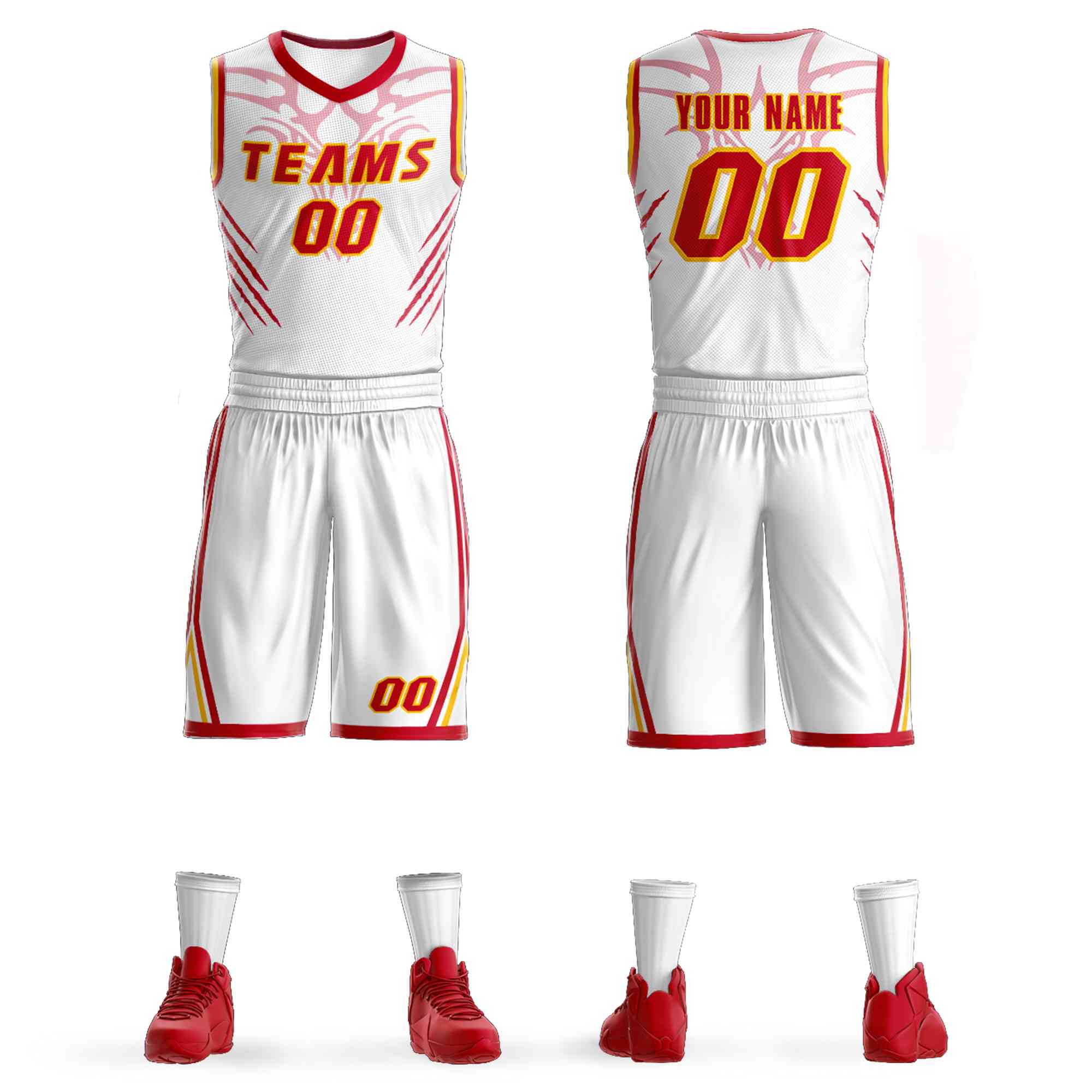 Custom White Gold-Red Graffiti Pattern Sets Claw Element Basketball Jersey