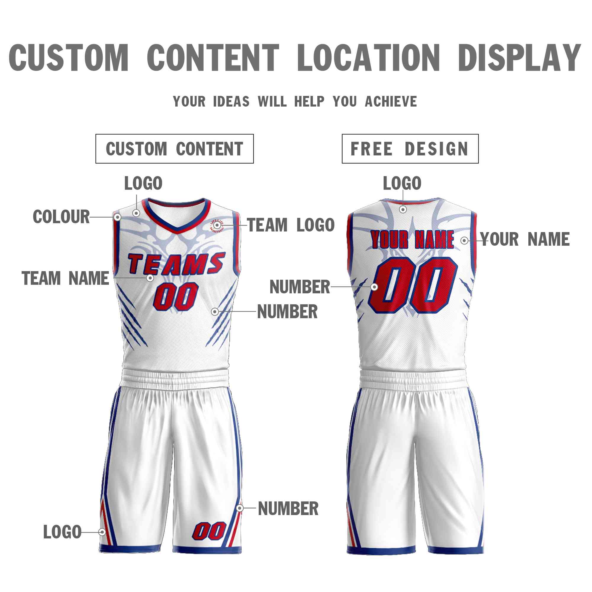 Custom White Red-Royal Graffiti Pattern Sets Claw Element Basketball Jersey