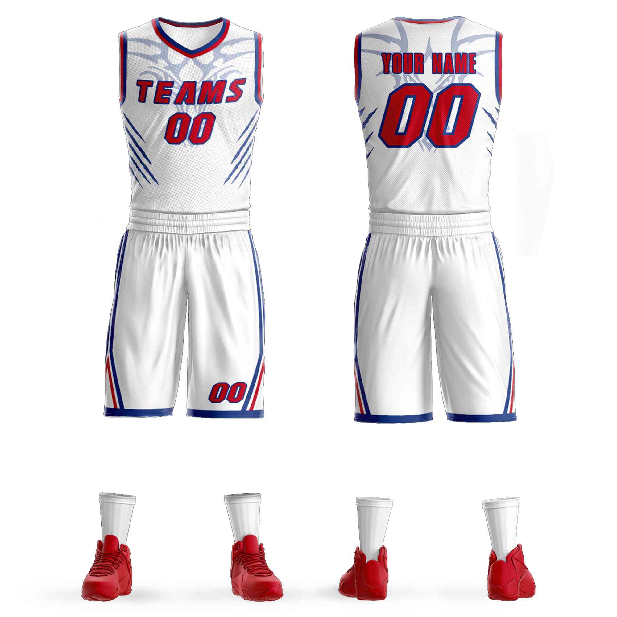 Custom White Red-Royal Graffiti Pattern Sets Claw Element Basketball Jersey