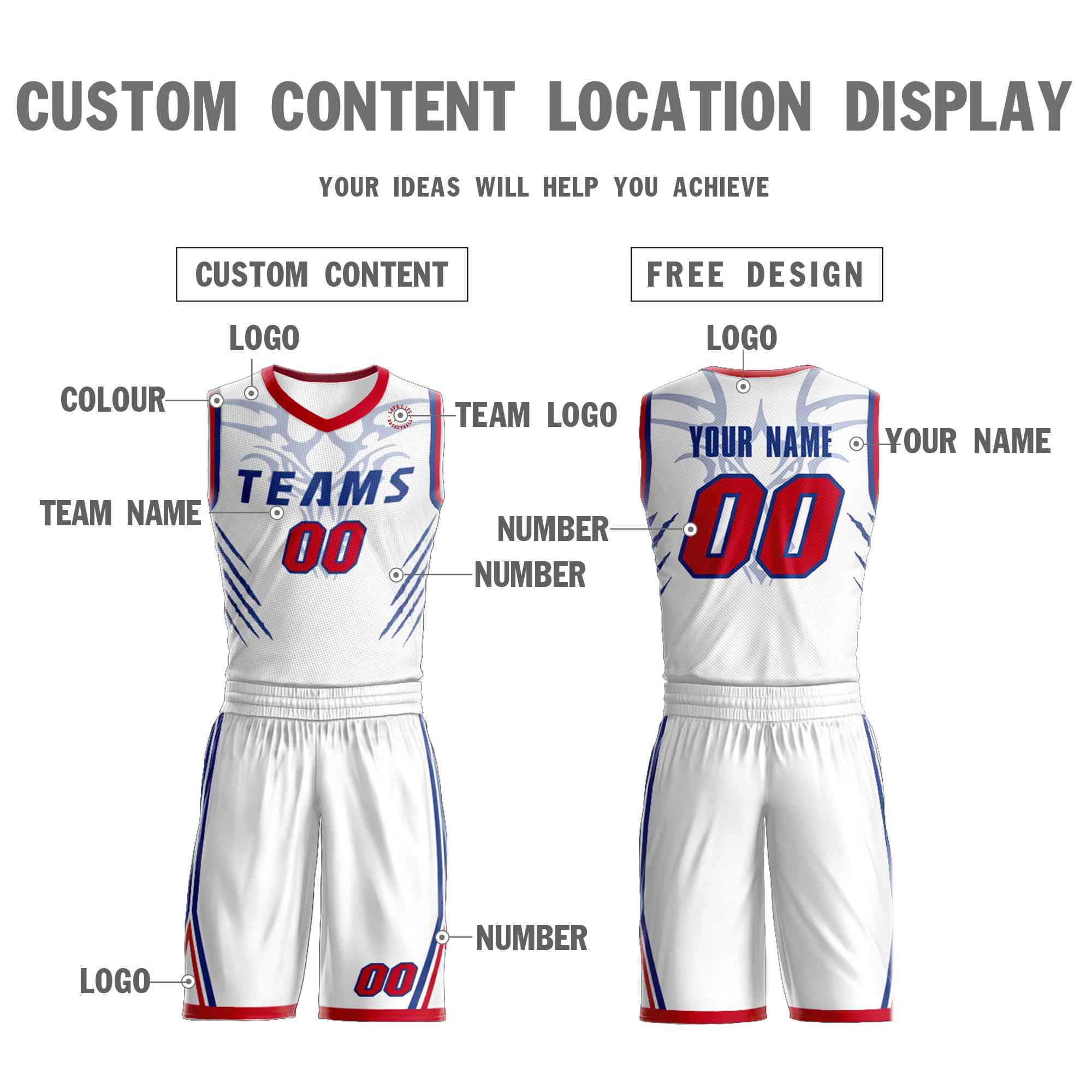 Custom White Royal Graffiti Pattern Sets Claw Element Basketball Jersey