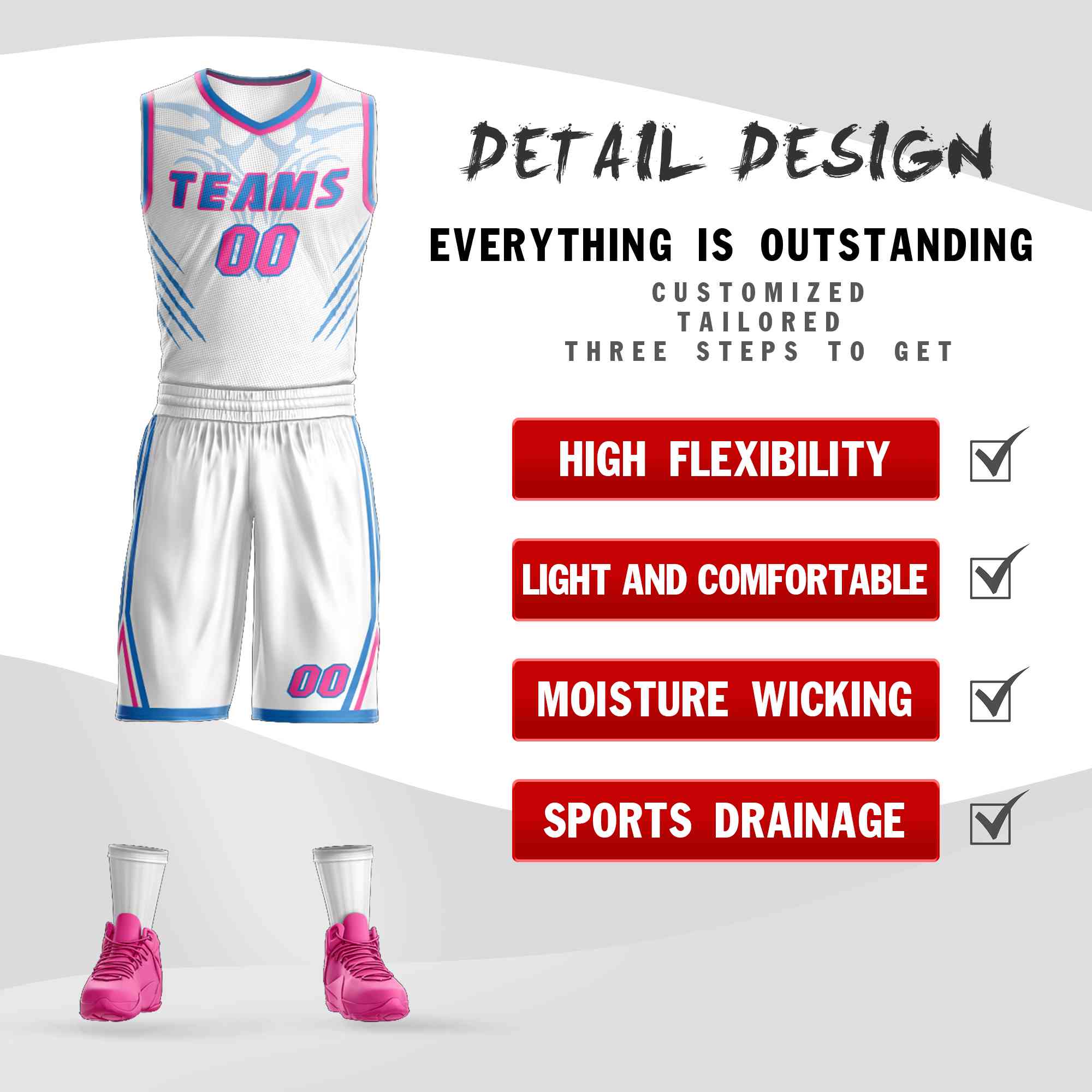 Custom White Powder Blue-Pink Graffiti Pattern Sets Claw Element Basketball Jersey