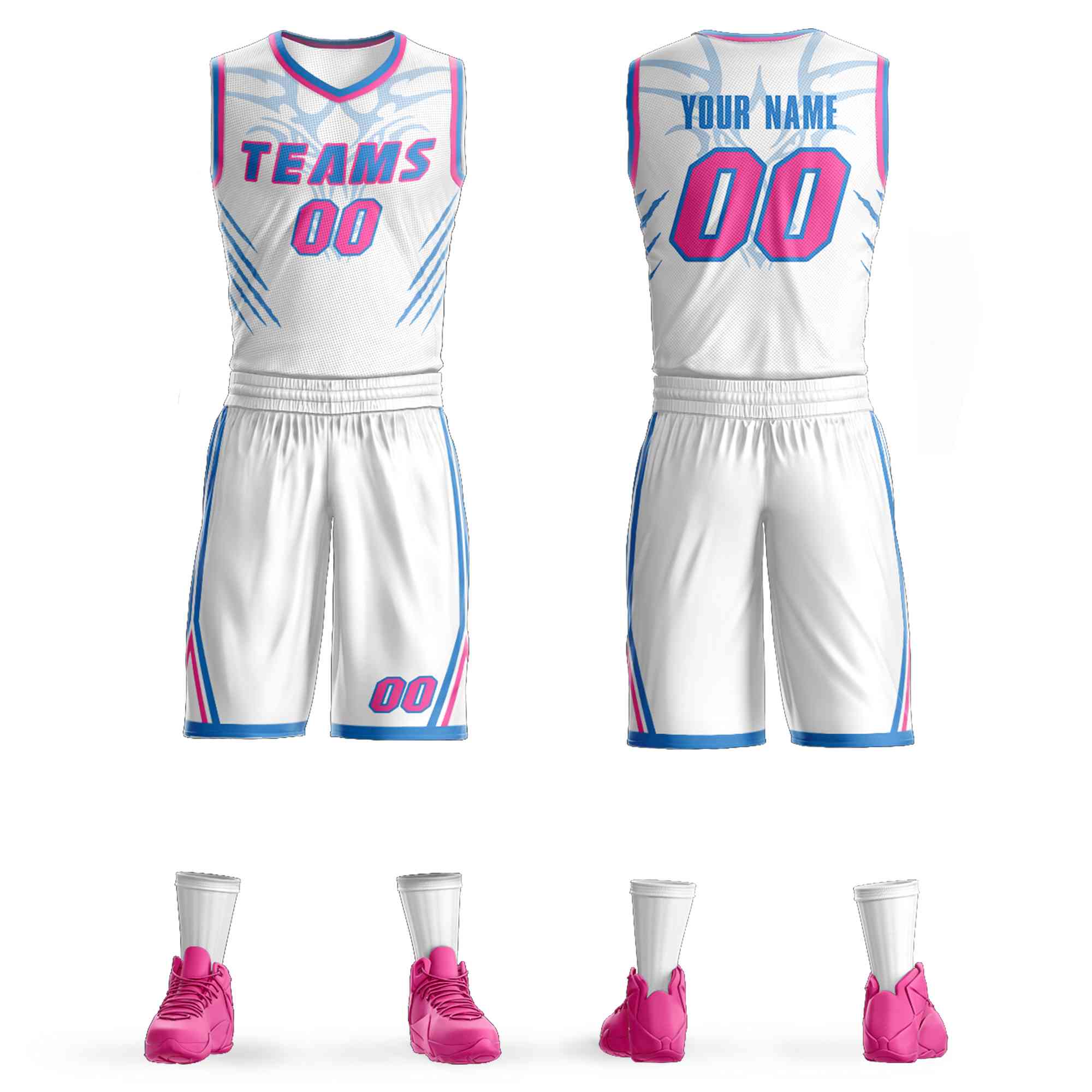 Le motif de graffiti bleu-rose de poudre blanche faite sur commande définit le maillot de basket-ball d'élément de griffe