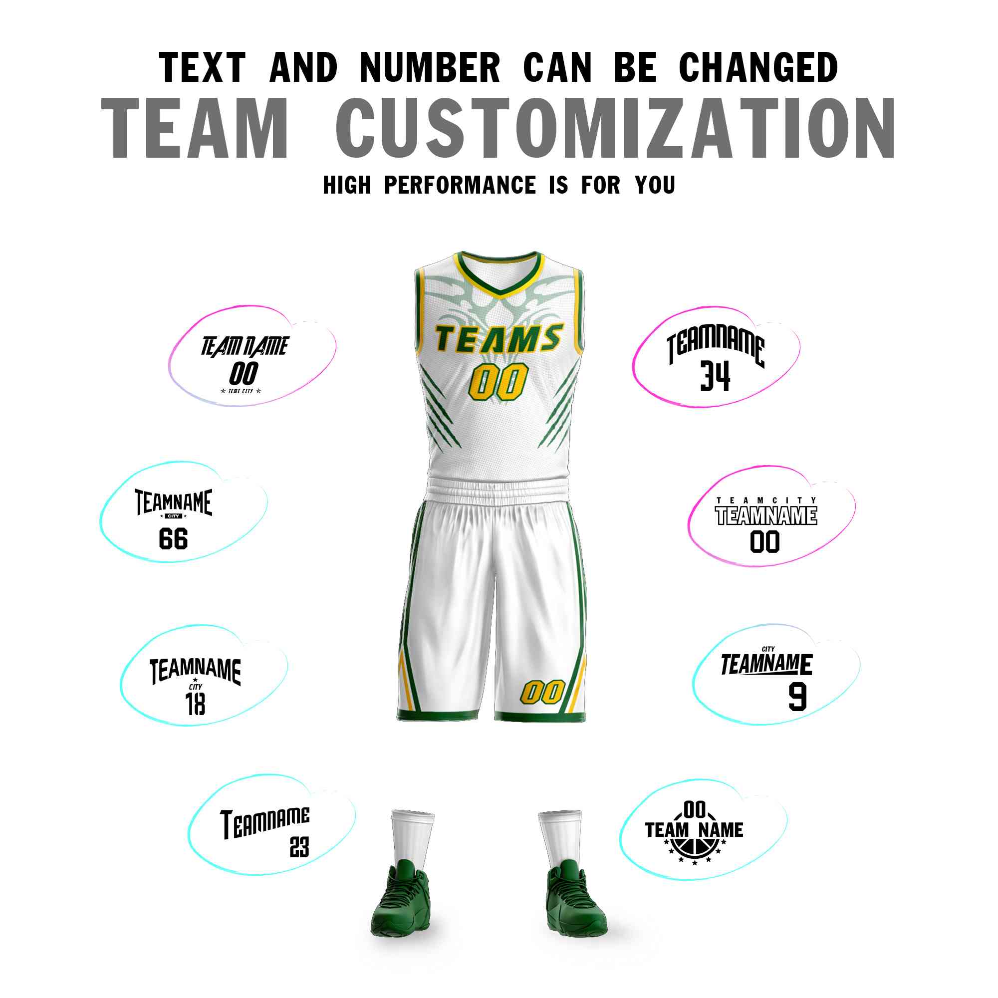 Custom White Kelly Green-Gold Graffiti Pattern Sets Claw Element Basketball Jersey