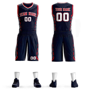 Custom Navy Red-White Graffiti Pattern Sets Oblique Bar Basketball Jersey