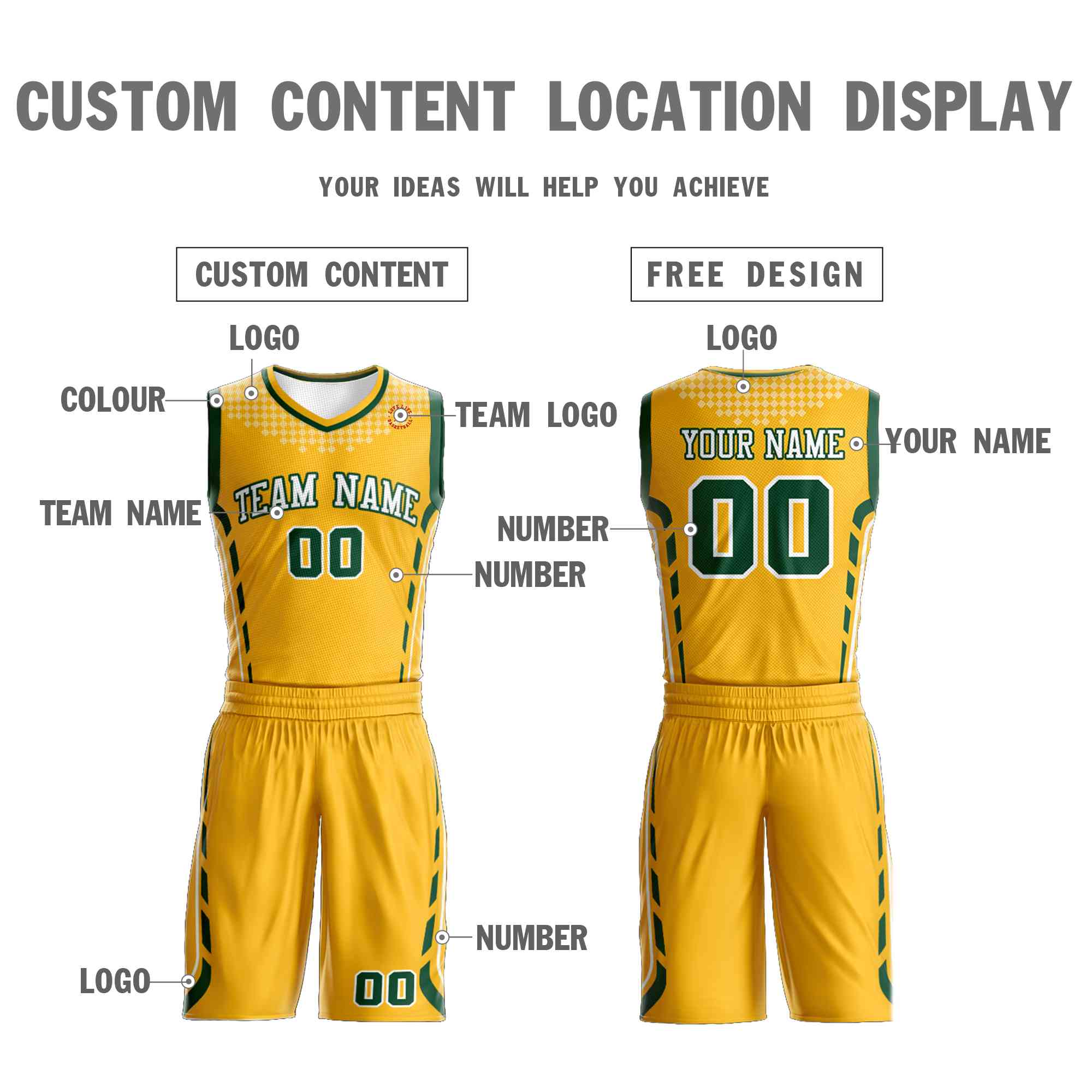 Custom Gold White-Green Graffiti Pattern Sets Oblique Bar Basketball Jersey