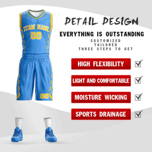 Custom Powder Blue Yellow-White Graffiti Pattern Sets Oblique Bar Basketball Jersey