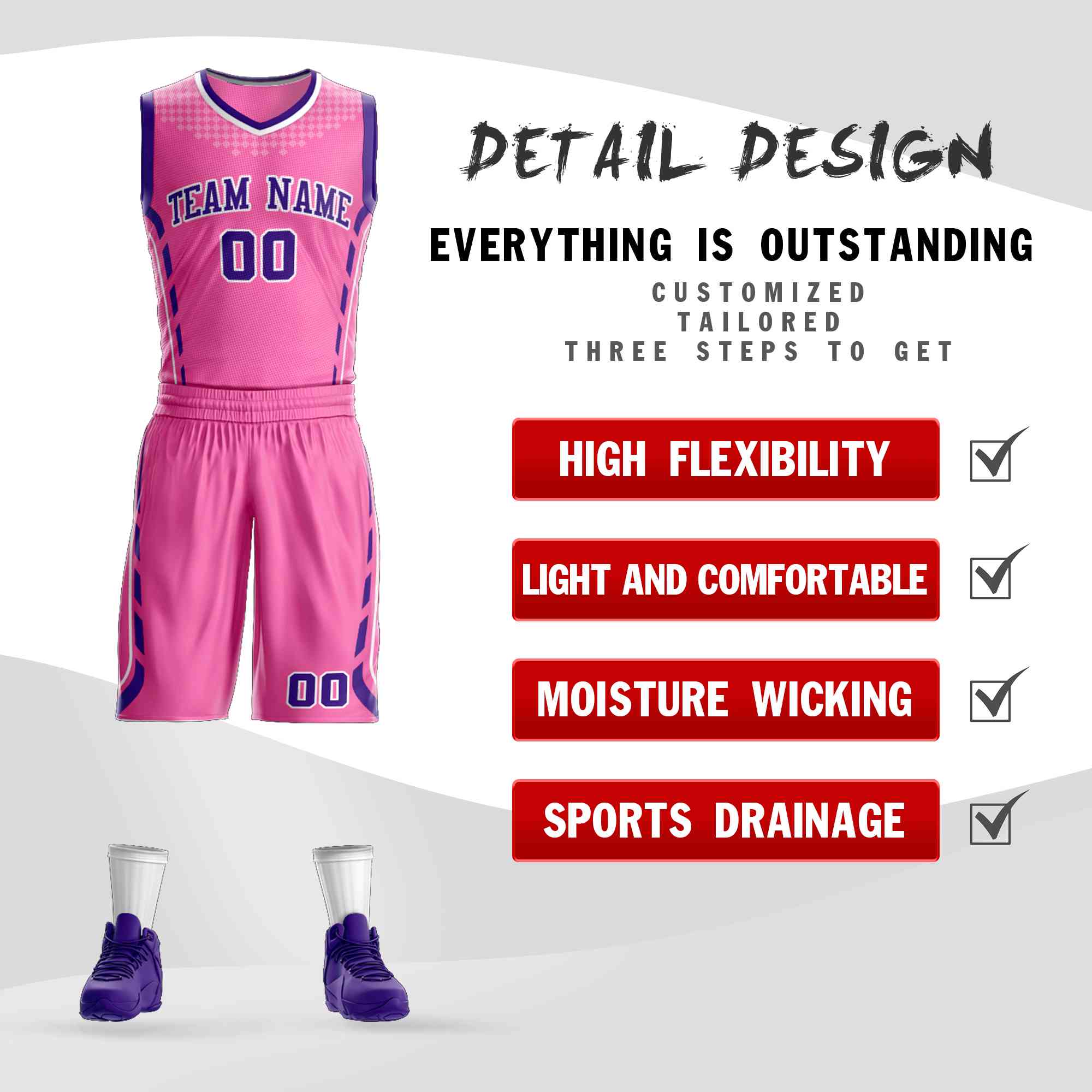 Le motif de graffiti rose violet-blanc personnalisé définit le maillot de basket-ball à barre oblique