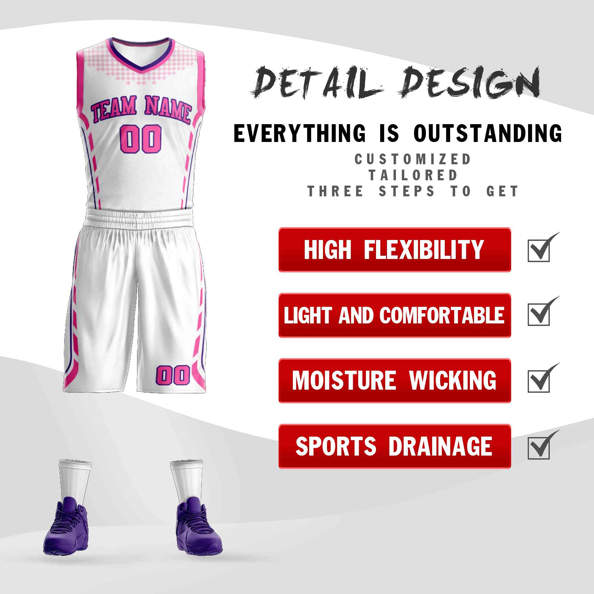 Le motif de graffiti rose-violet personnalisé définit le maillot de basket-ball à barre oblique