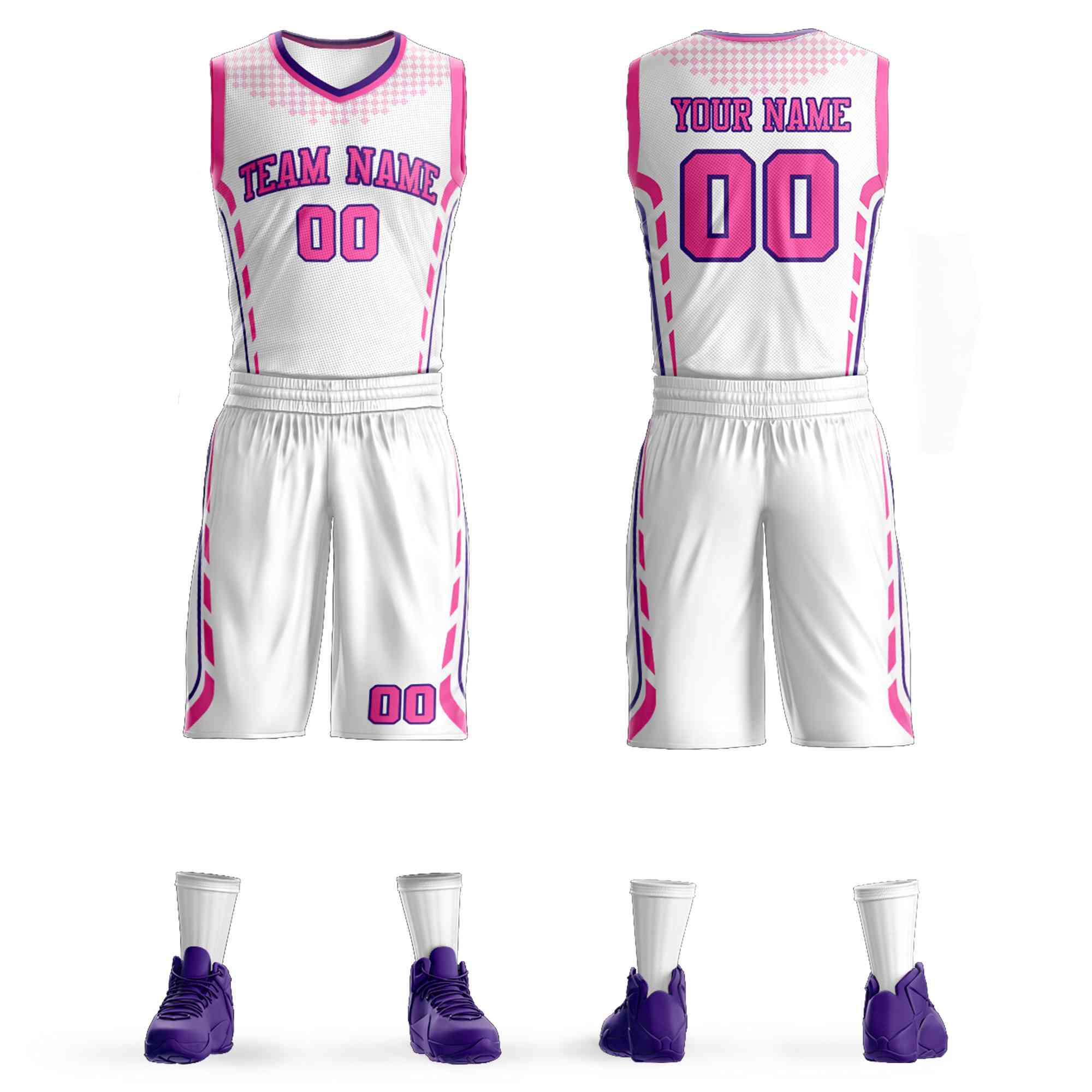 Custom White Pink-Purple Graffiti Pattern Sets Oblique Bar Basketball Jersey