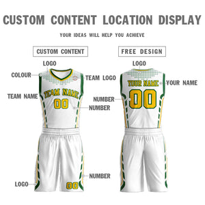 Custom White Gold-Green Graffiti Pattern Sets Oblique Bar Basketball Jersey