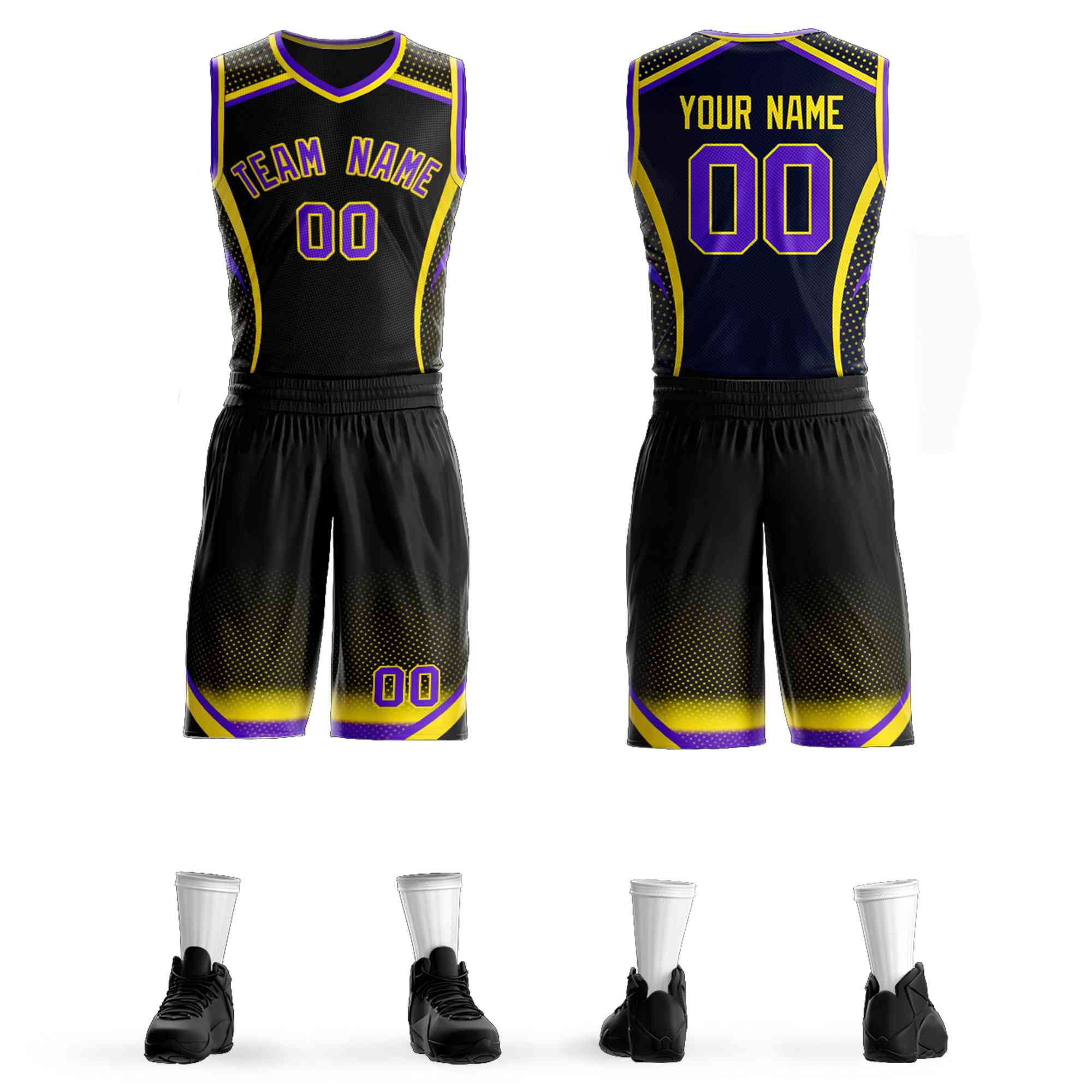 Custom Black Purple-Gold Graffiti Pattern Sets Points Element Basketball Jersey