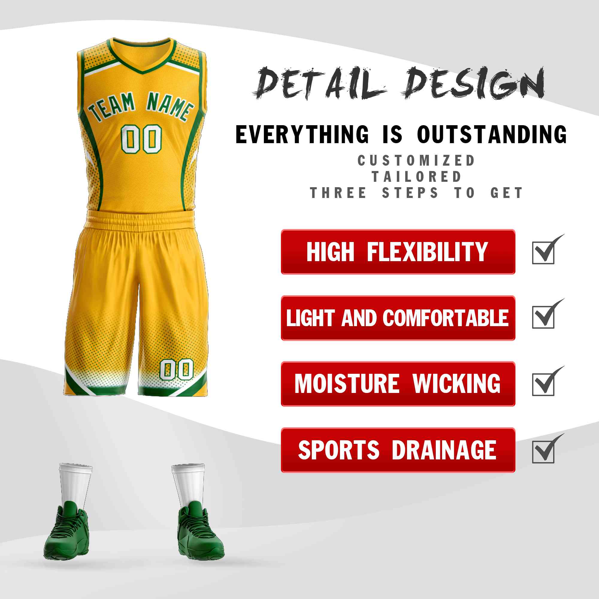 Custom Gold Kelly Green-White Graffiti Pattern Sets Points Element Basketball Jersey