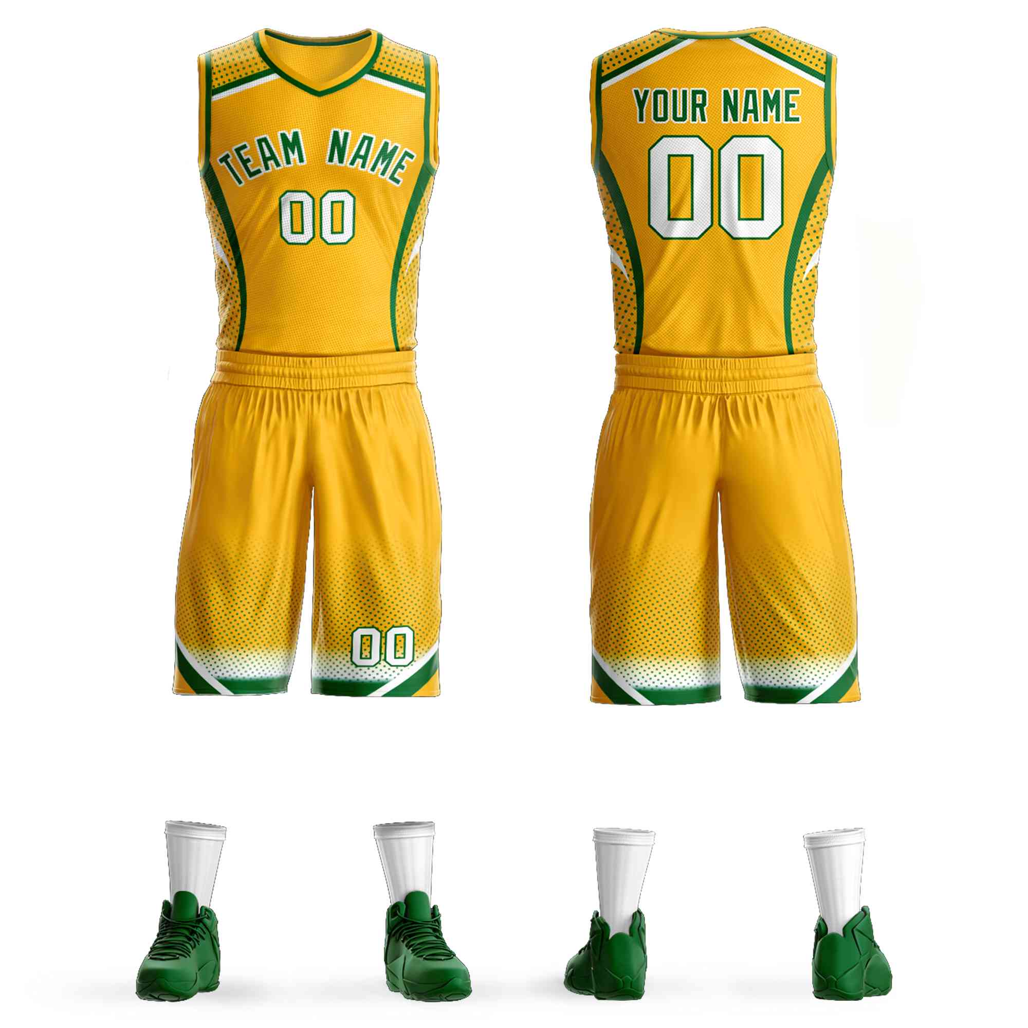 Custom Gold Kelly Green-White Graffiti Pattern Sets Points Element Basketball Jersey