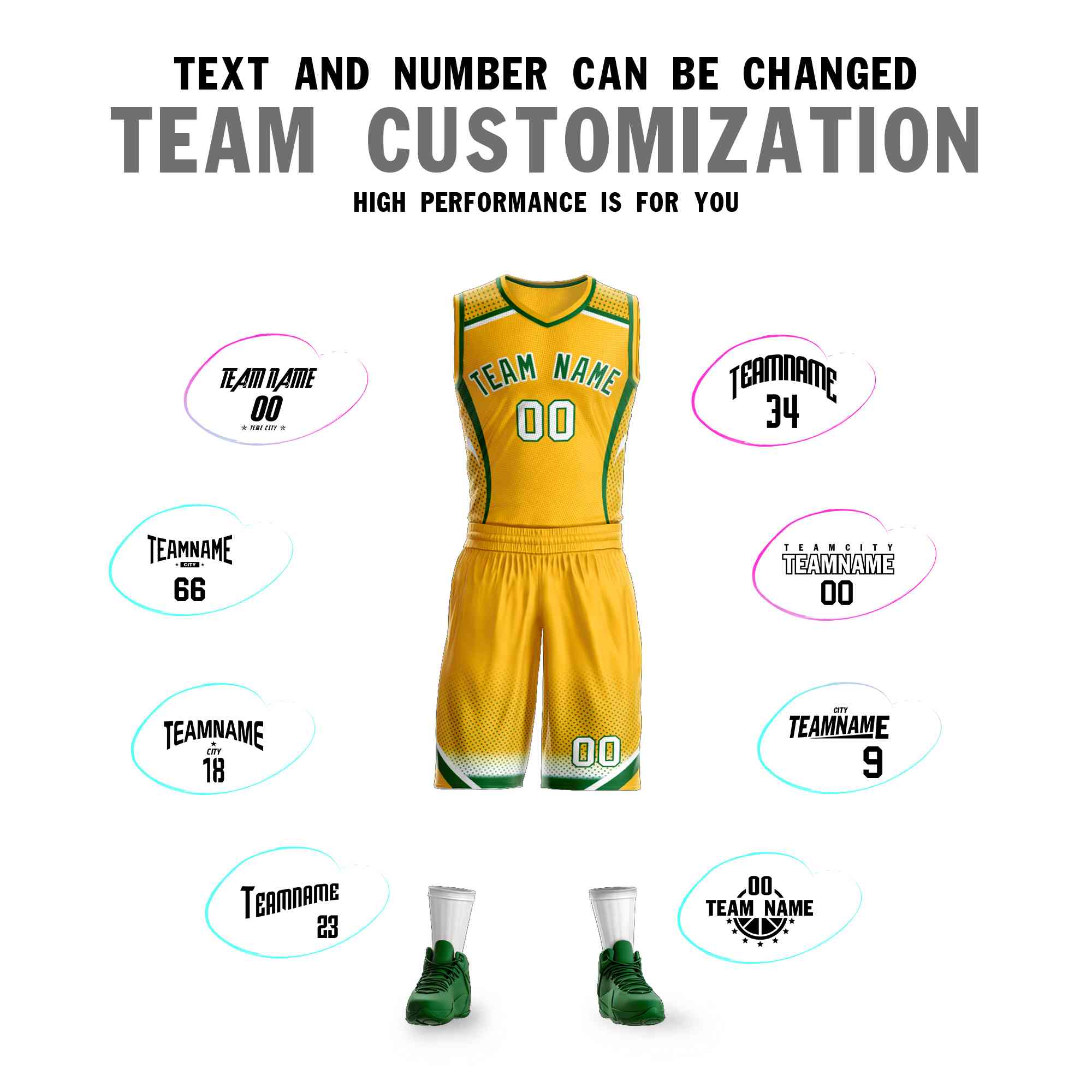 Custom Gold Kelly Green-White Graffiti Pattern Sets Points Element Basketball Jersey