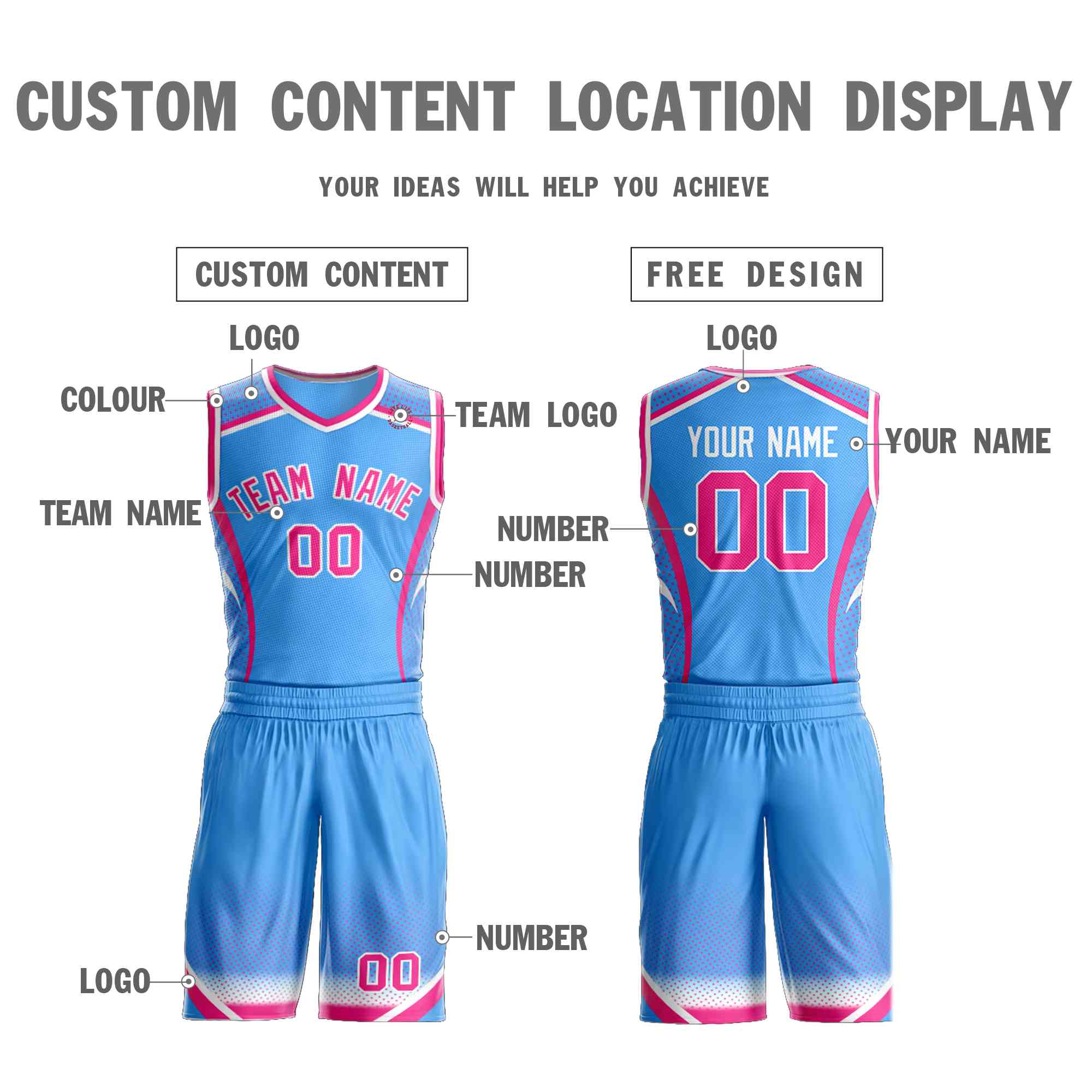 Maillot de basket-ball personnalisé, motif Graffiti bleu poudre rose-blanc, éléments de points