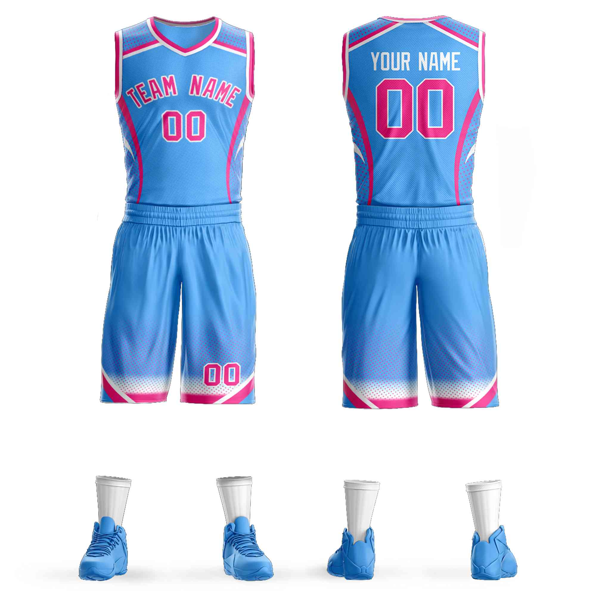 Maillot de basket-ball personnalisé, motif Graffiti bleu poudre rose-blanc, éléments de points