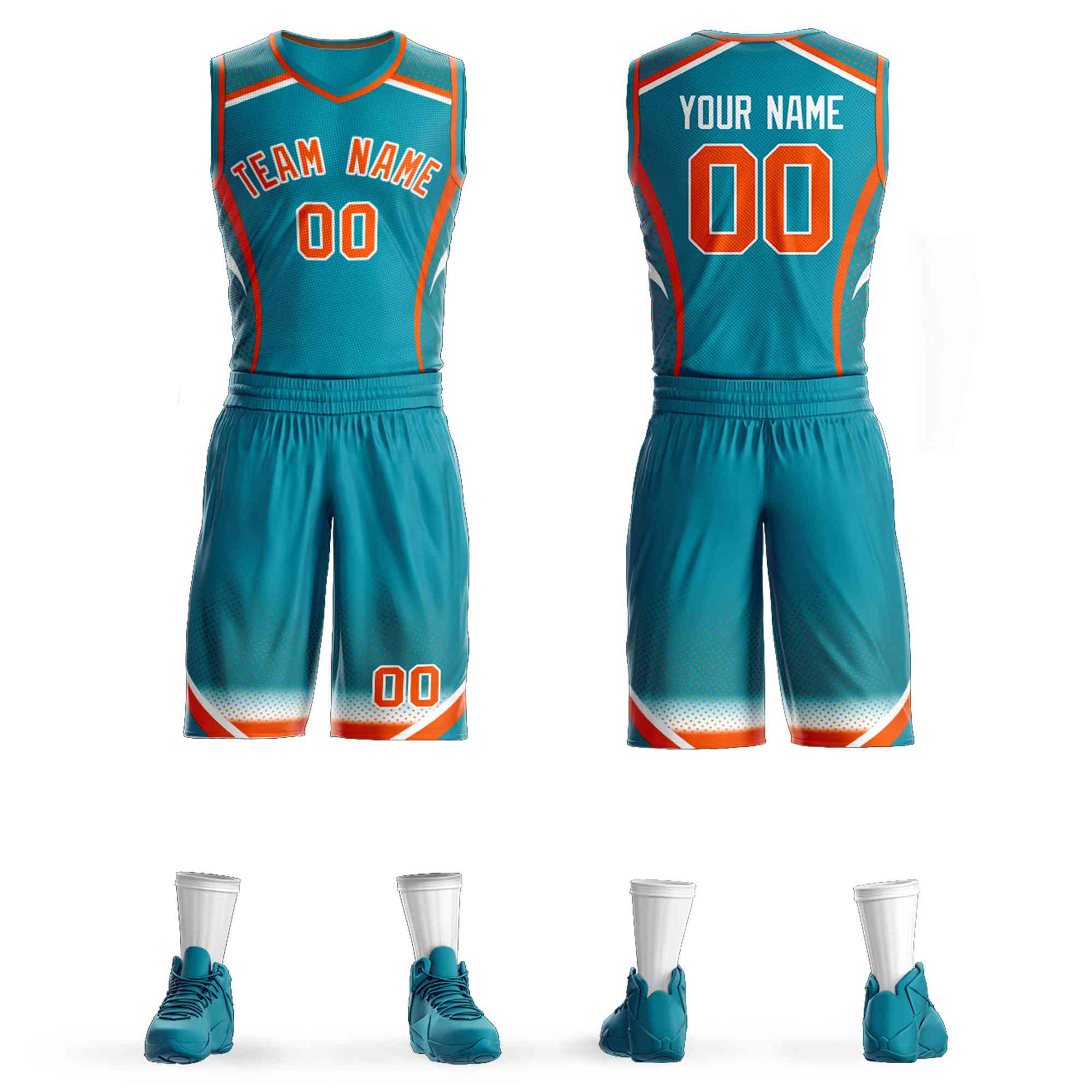 Custom Aqua Orange-White Graffiti Pattern Sets Points Element Basketball Jersey