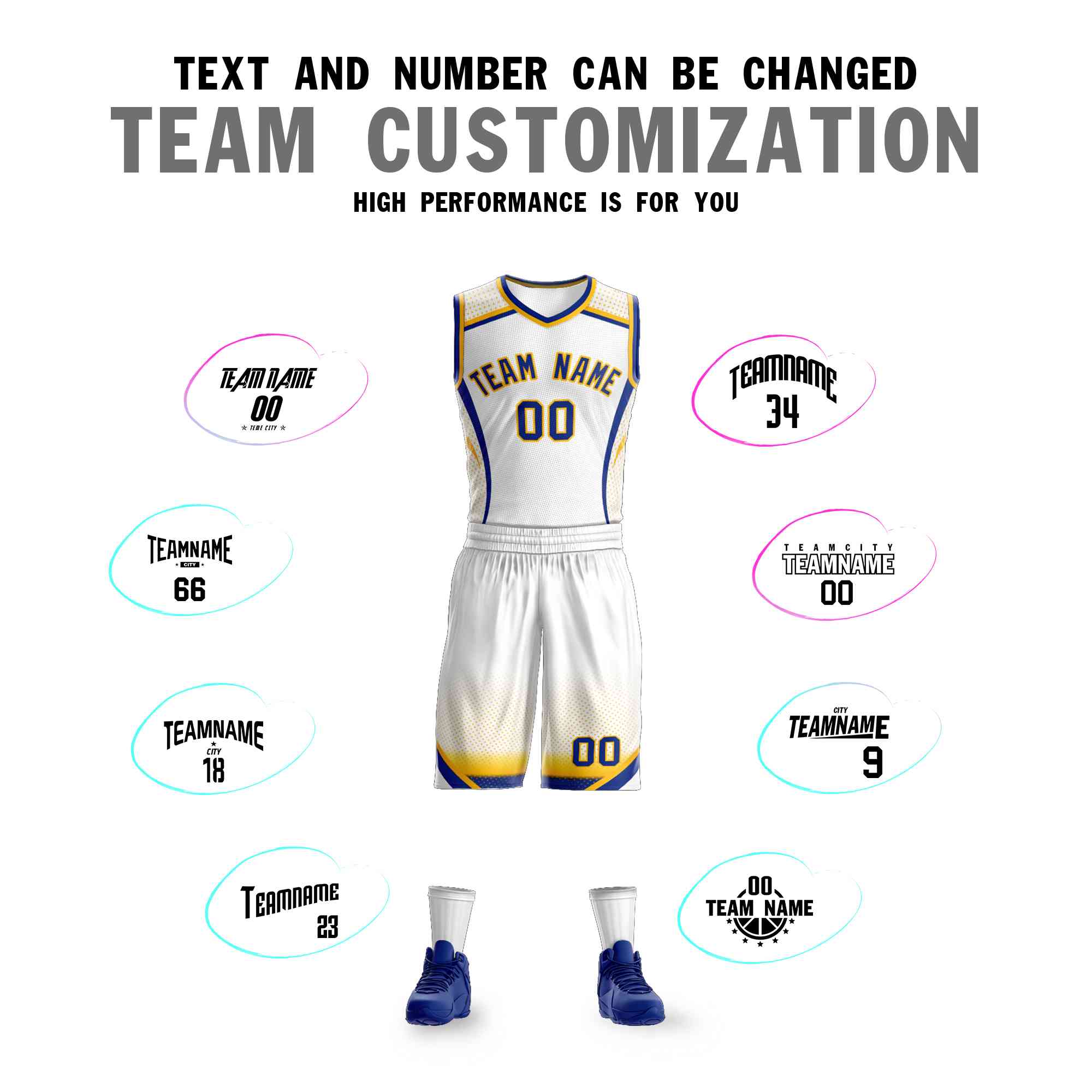 Custom White Royal-Gold Graffiti Pattern Sets Points Element Basketball Jersey