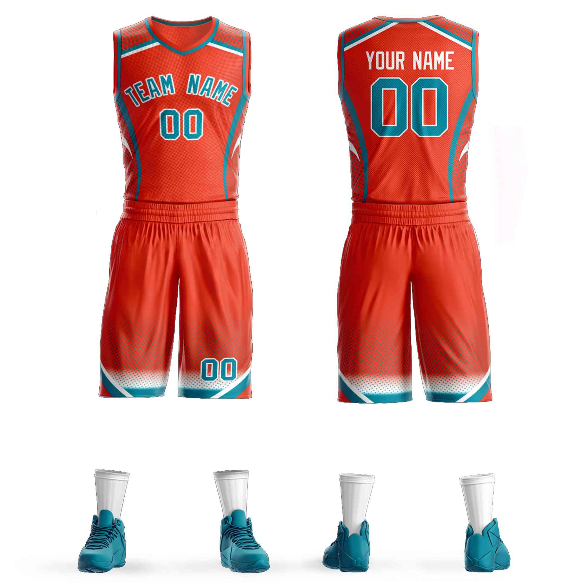 Maillot de basket-ball à motif Graffiti Orange Aqua-blanc personnalisé, élément de points