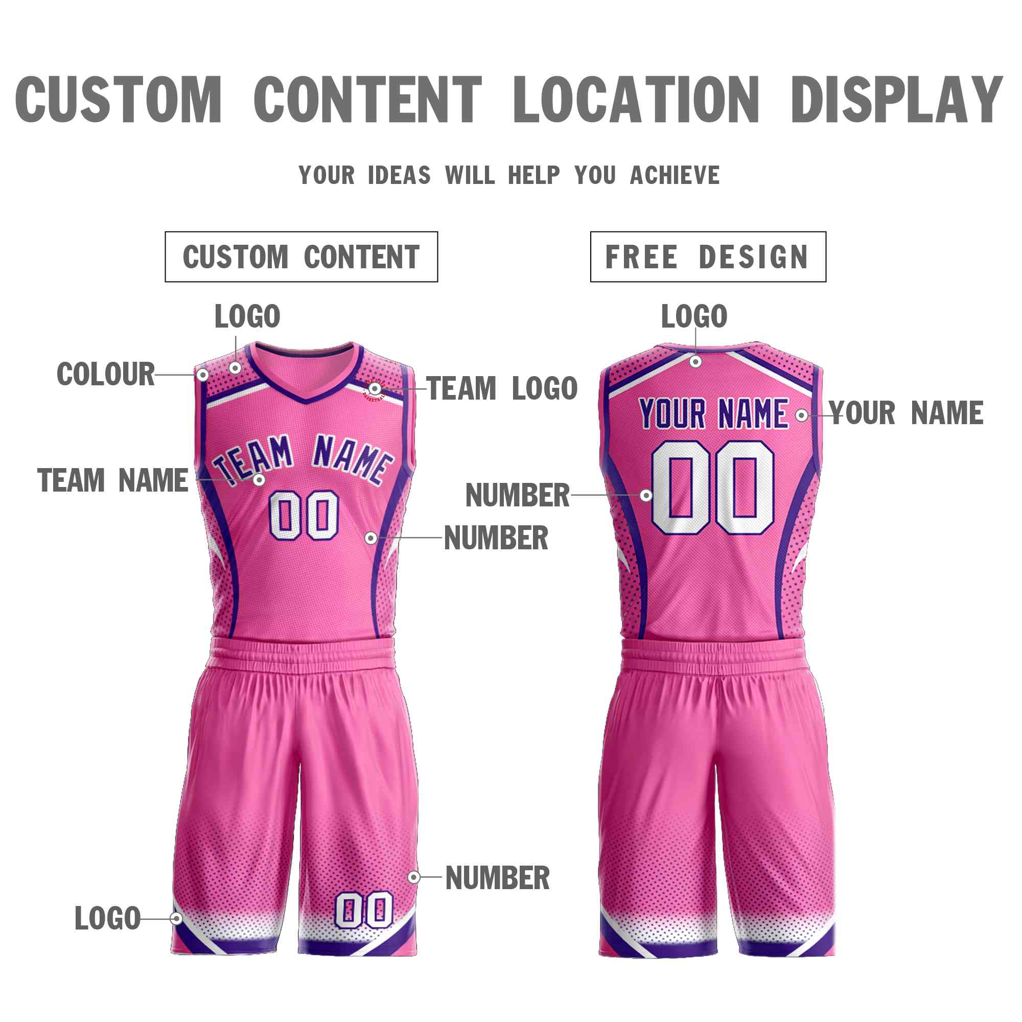 Maillot de basket-ball personnalisé à motif Graffiti rose violet-blanc, élément de points