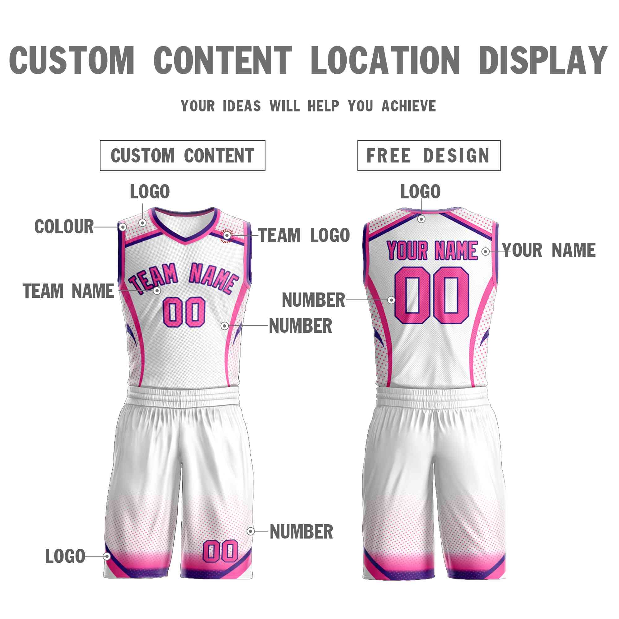 Maillot de basket-ball personnalisé à motif Graffiti blanc rose-violet, élément de points