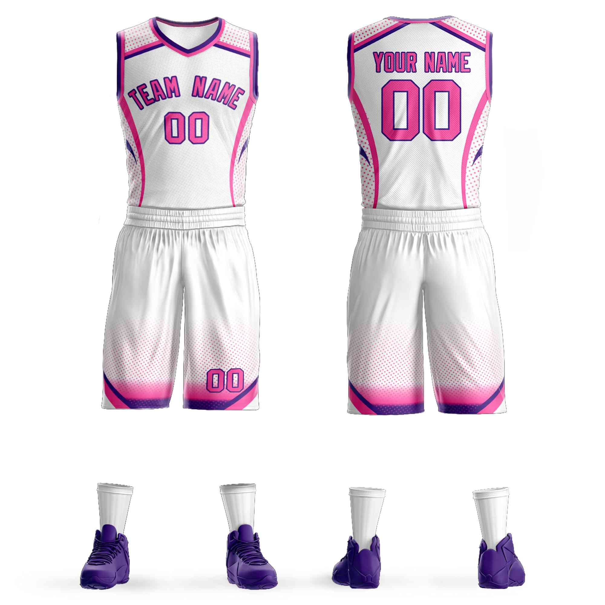 Maillot de basket-ball personnalisé à motif Graffiti blanc rose-violet, élément de points