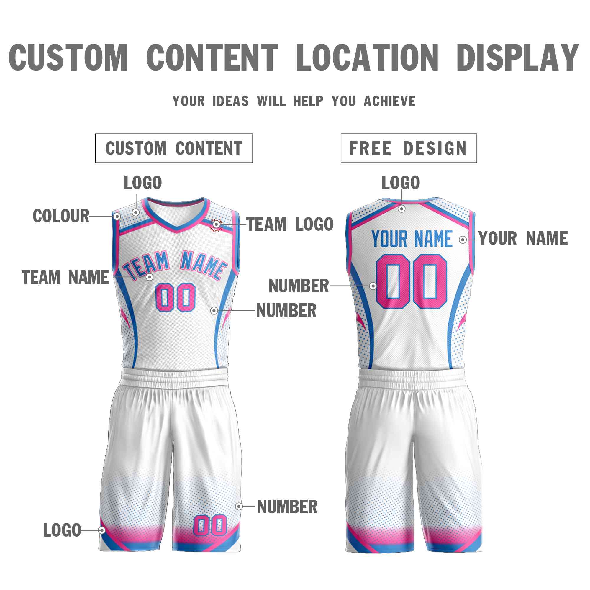 Maillot de basket-ball personnalisé à motif Graffiti blanc rose-bleu clair, élément de points