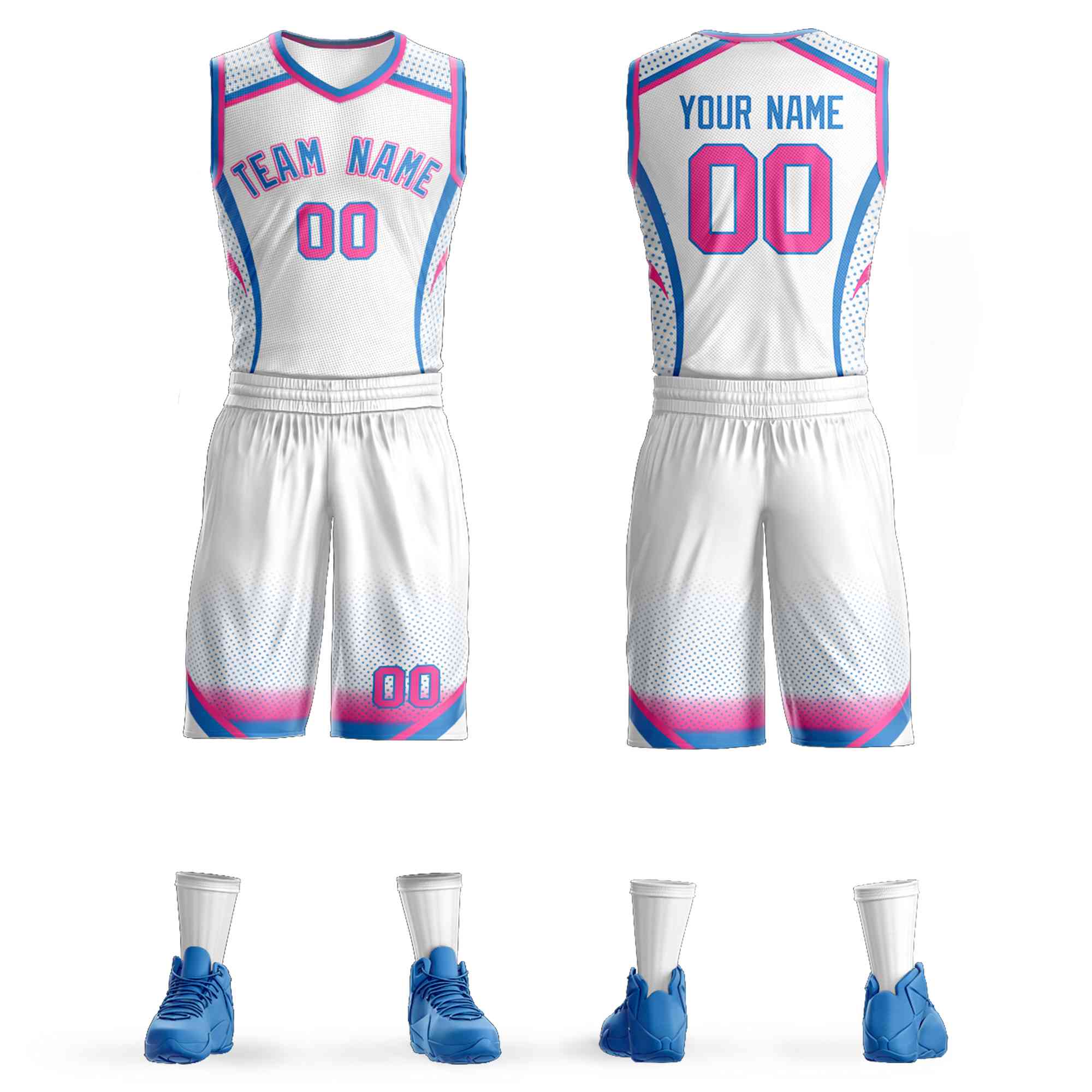 Maillot de basket-ball personnalisé à motif Graffiti blanc rose-bleu clair, élément de points