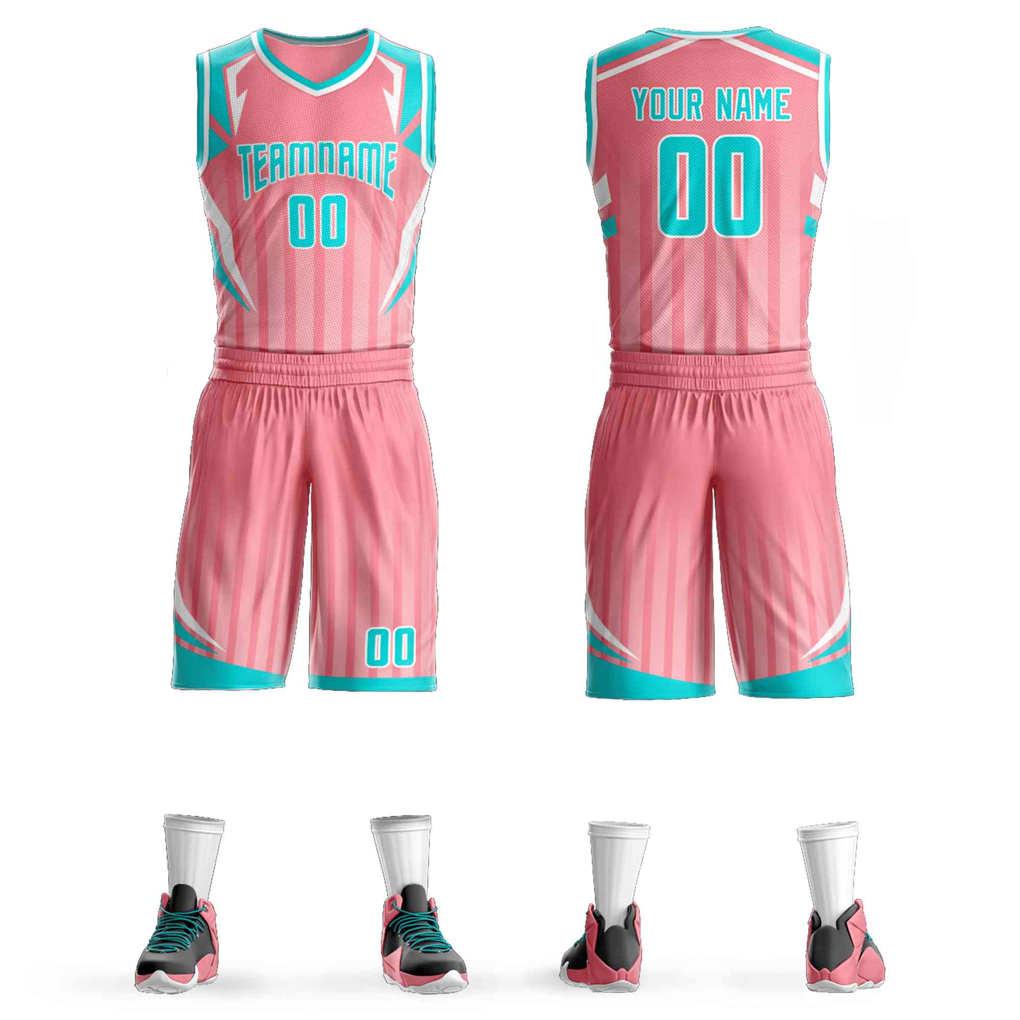 Le motif de graffiti rose sarcelle-blanc personnalisé définit le maillot de basket-ball à élément angulaire