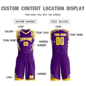 Custom Purple Gold-White Graffiti Pattern Sets Angular Element Basketball Jersey