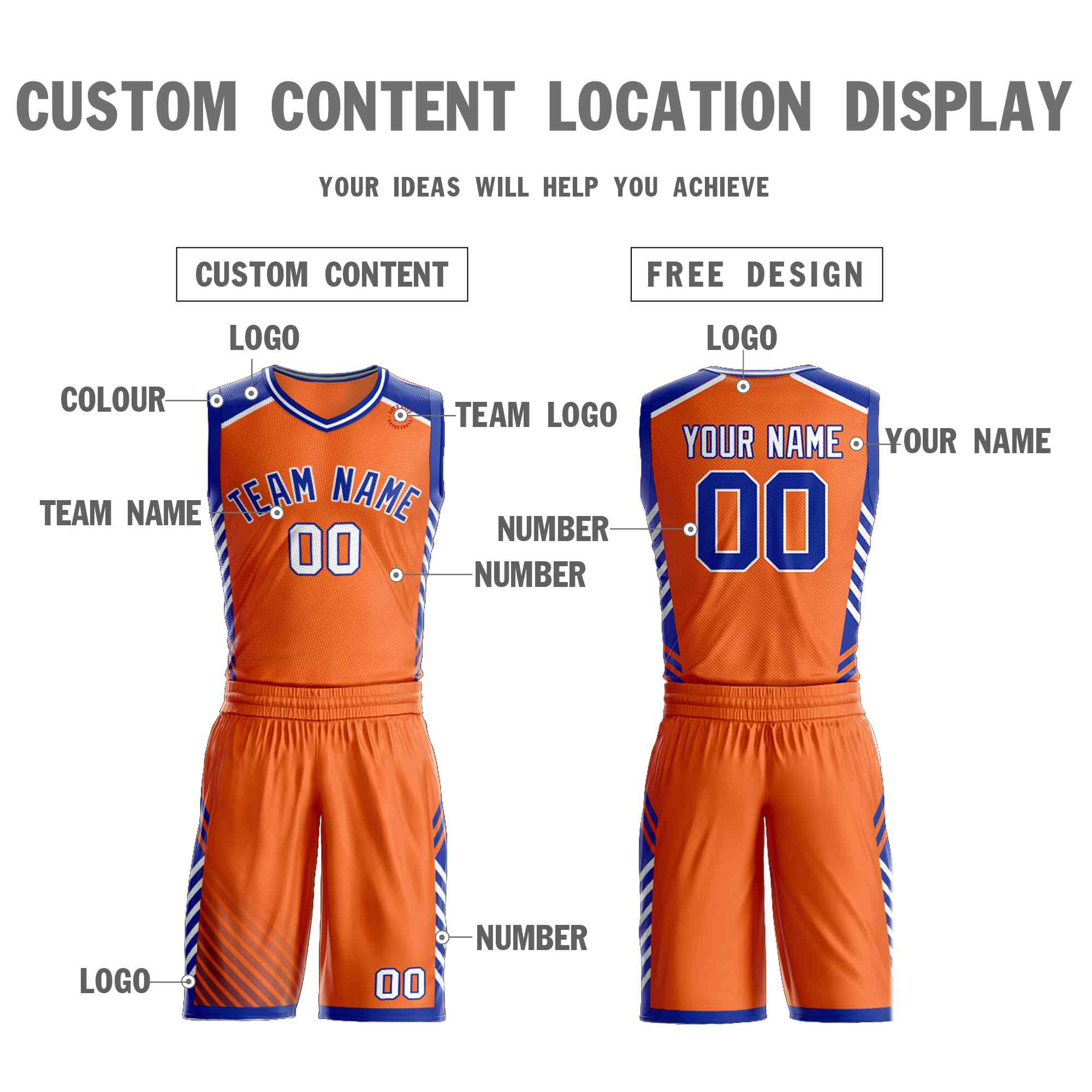 Custom Orange Royal-White Graffiti Pattern Sets Bar Element Basketball Jersey