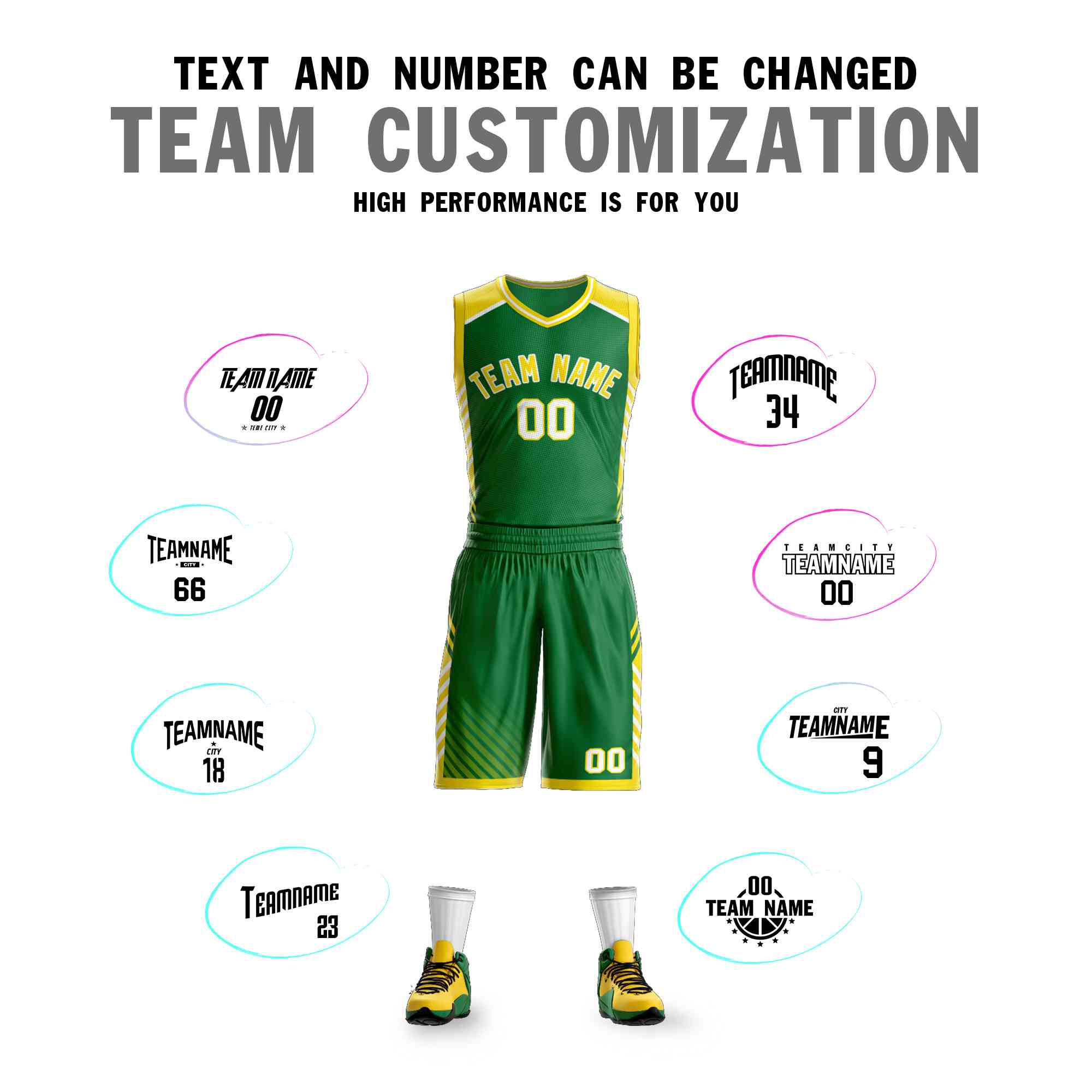 Custom Kelly Green Gold-White Graffiti Pattern Sets Bar Element Basketball Jersey