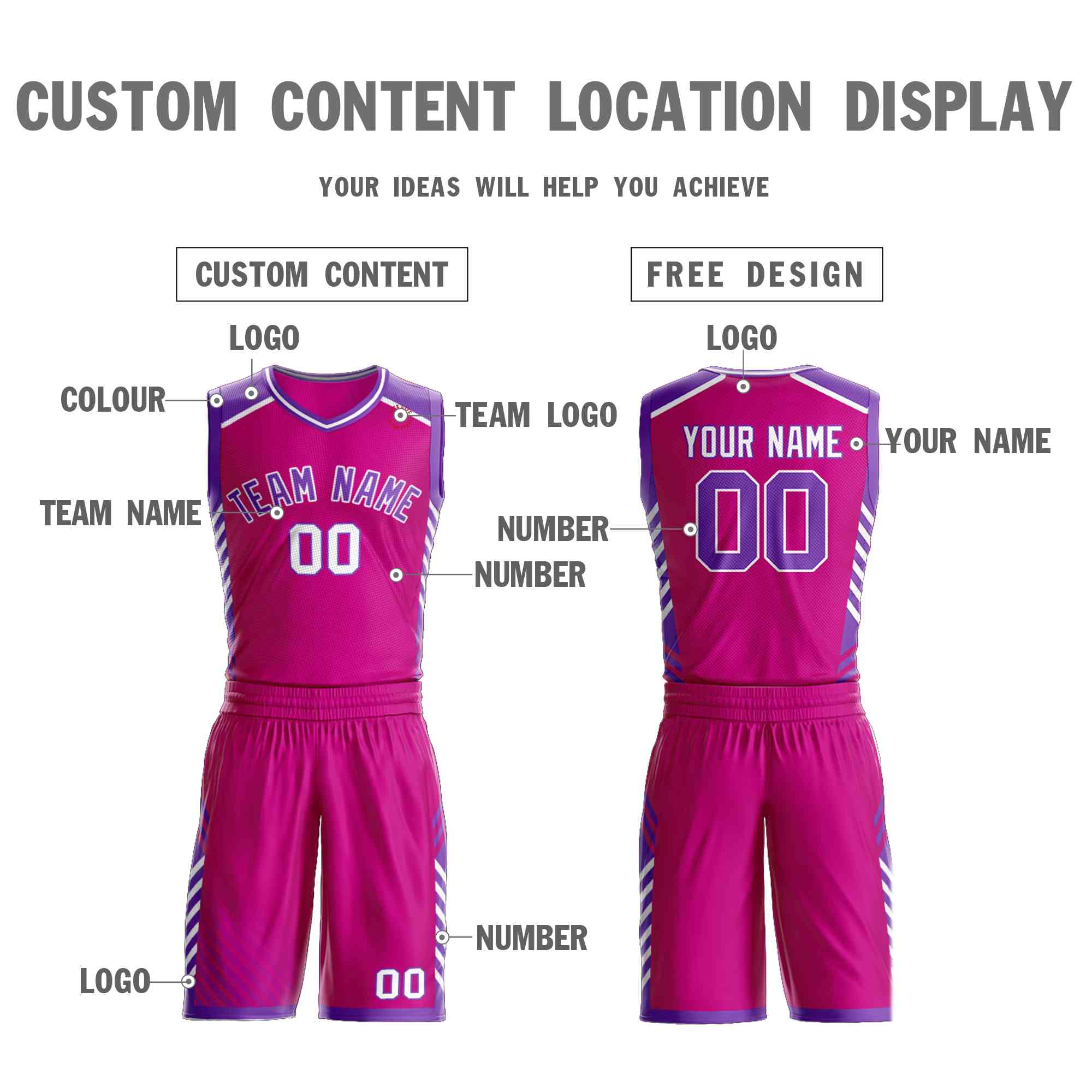 Maillot de basket-ball personnalisé à motif Graffiti rose violet-blanc, élément de barre