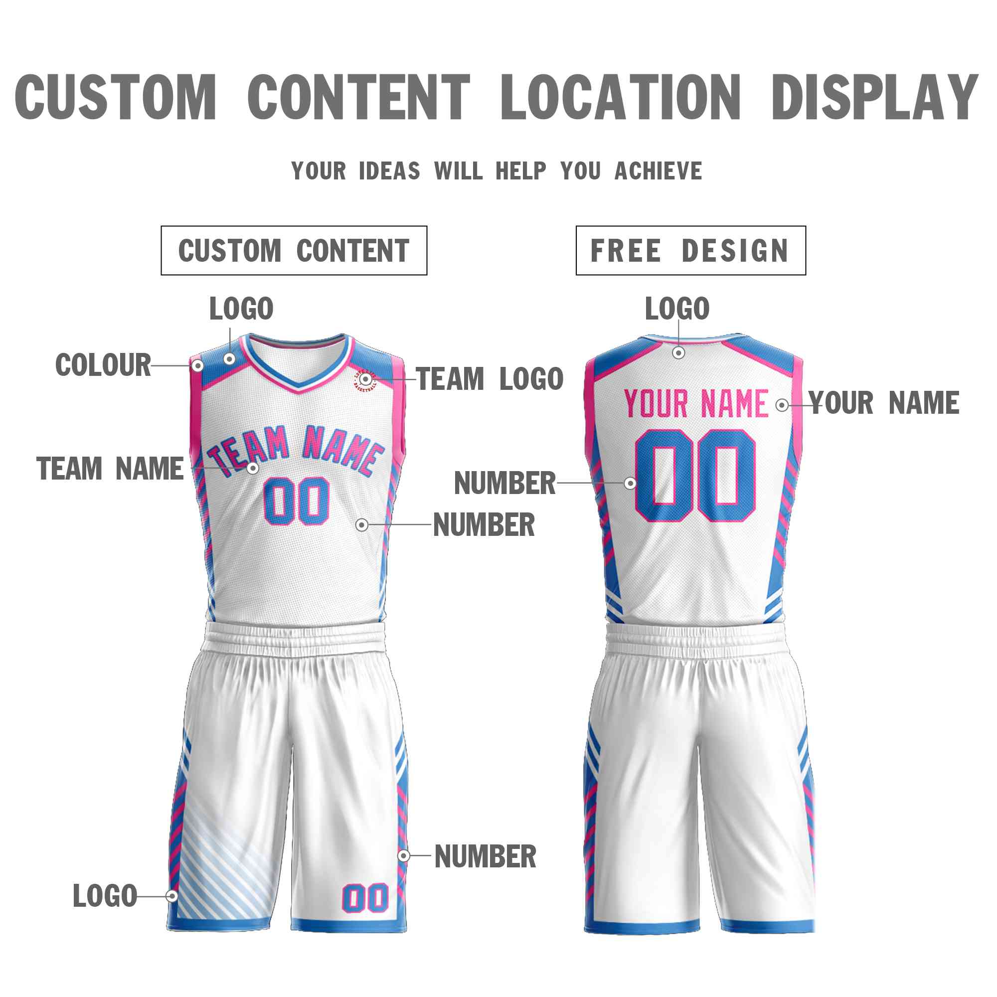 Custom White Pink-Powder Blue Graffiti Pattern Sets Bar Element Basketball Jersey