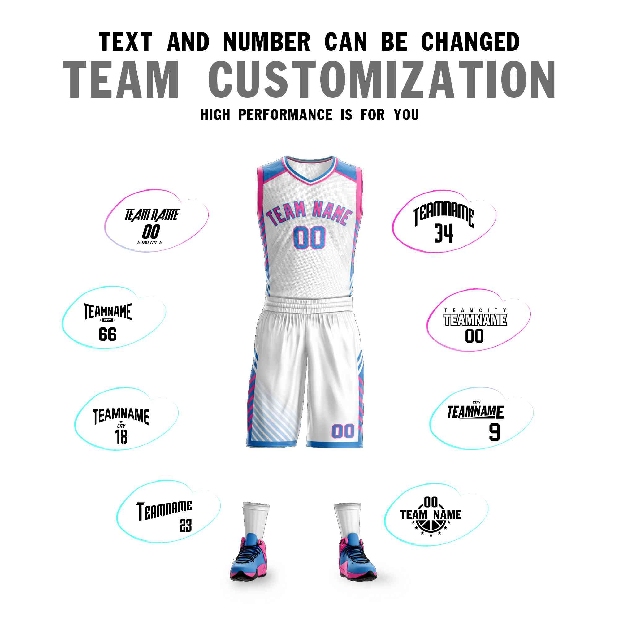 Custom White Pink-Powder Blue Graffiti Pattern Sets Bar Element Basketball Jersey