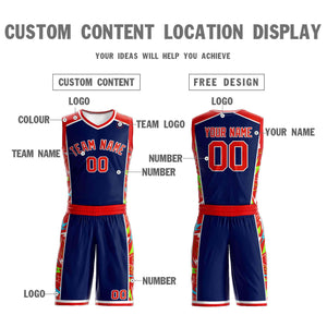 Custom Navy Red-White Graffiti Pattern Sets Lightning Basketball Jersey