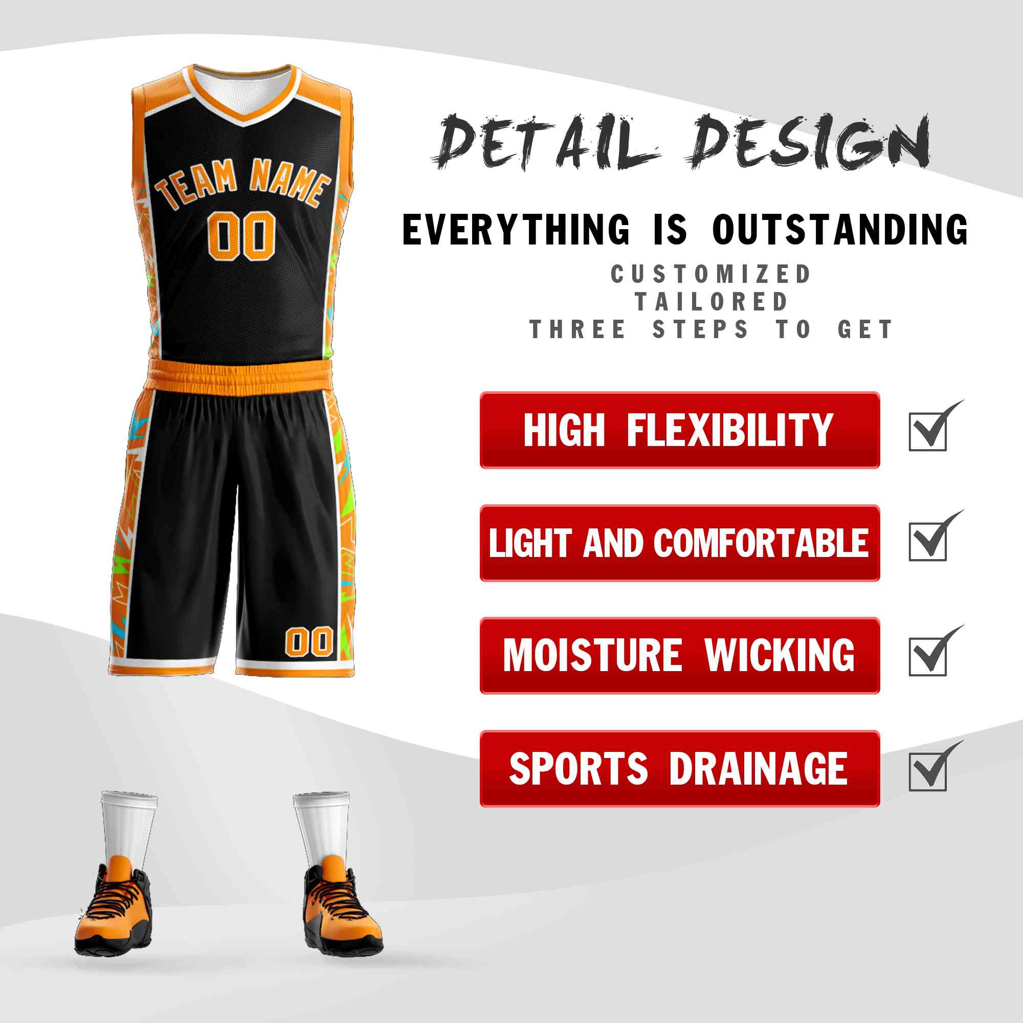 Le motif de graffiti personnalisé noir orange-blanc définit le maillot de basket-ball Lightning