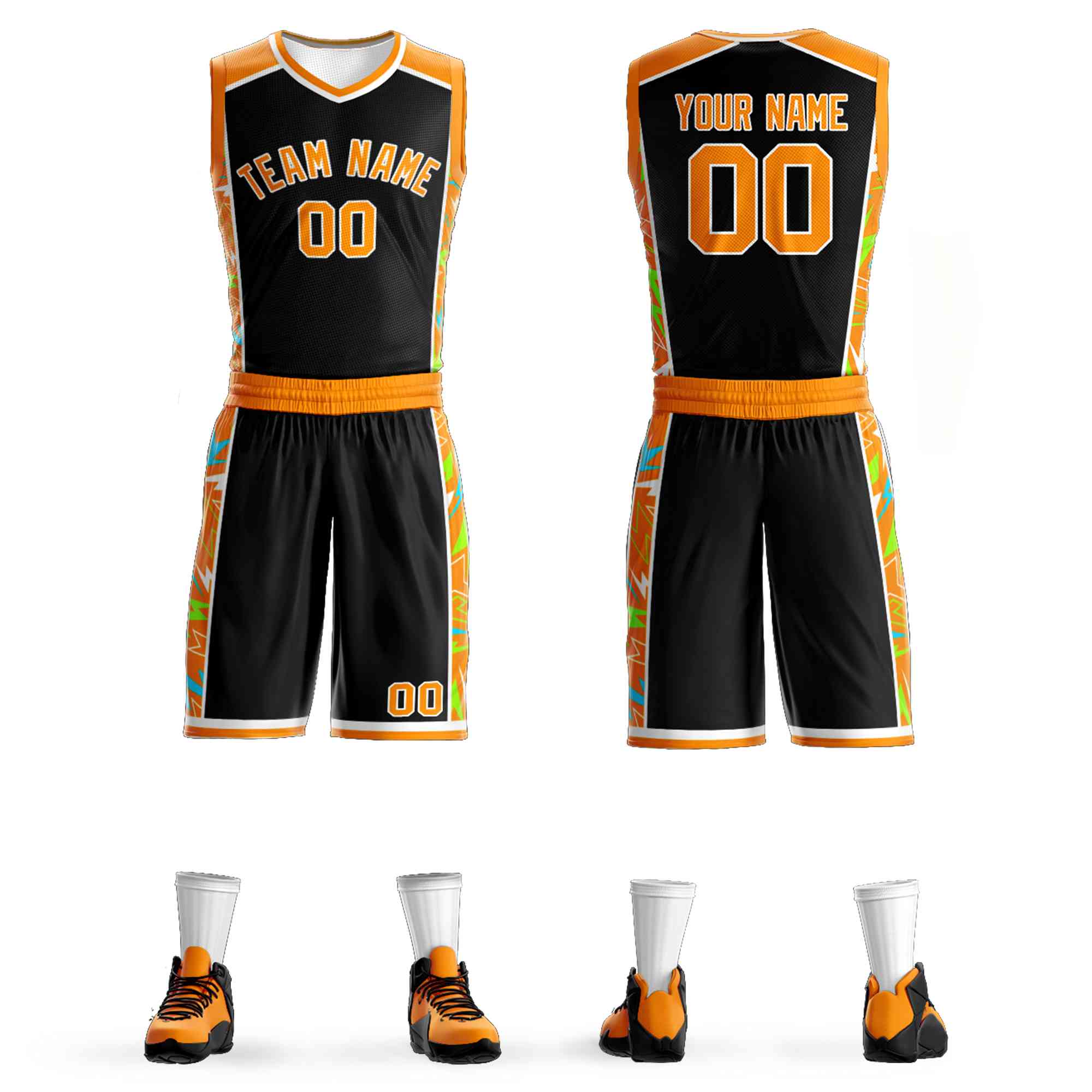 Custom Black Orange-White Graffiti Pattern Sets Lightning Basketball Jersey