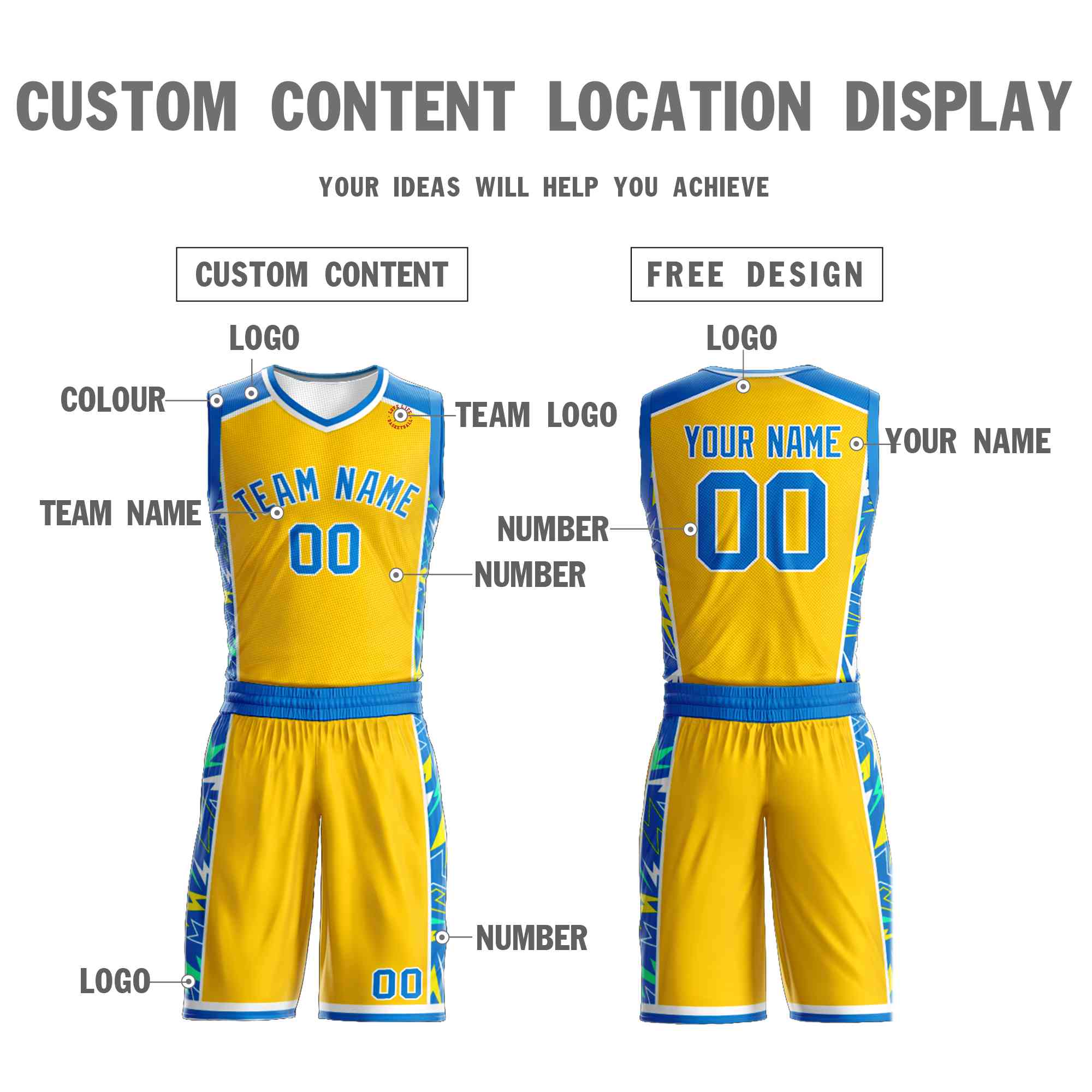 Custom Yellow Royal-White Graffiti Pattern Sets Lightning Basketball Jersey