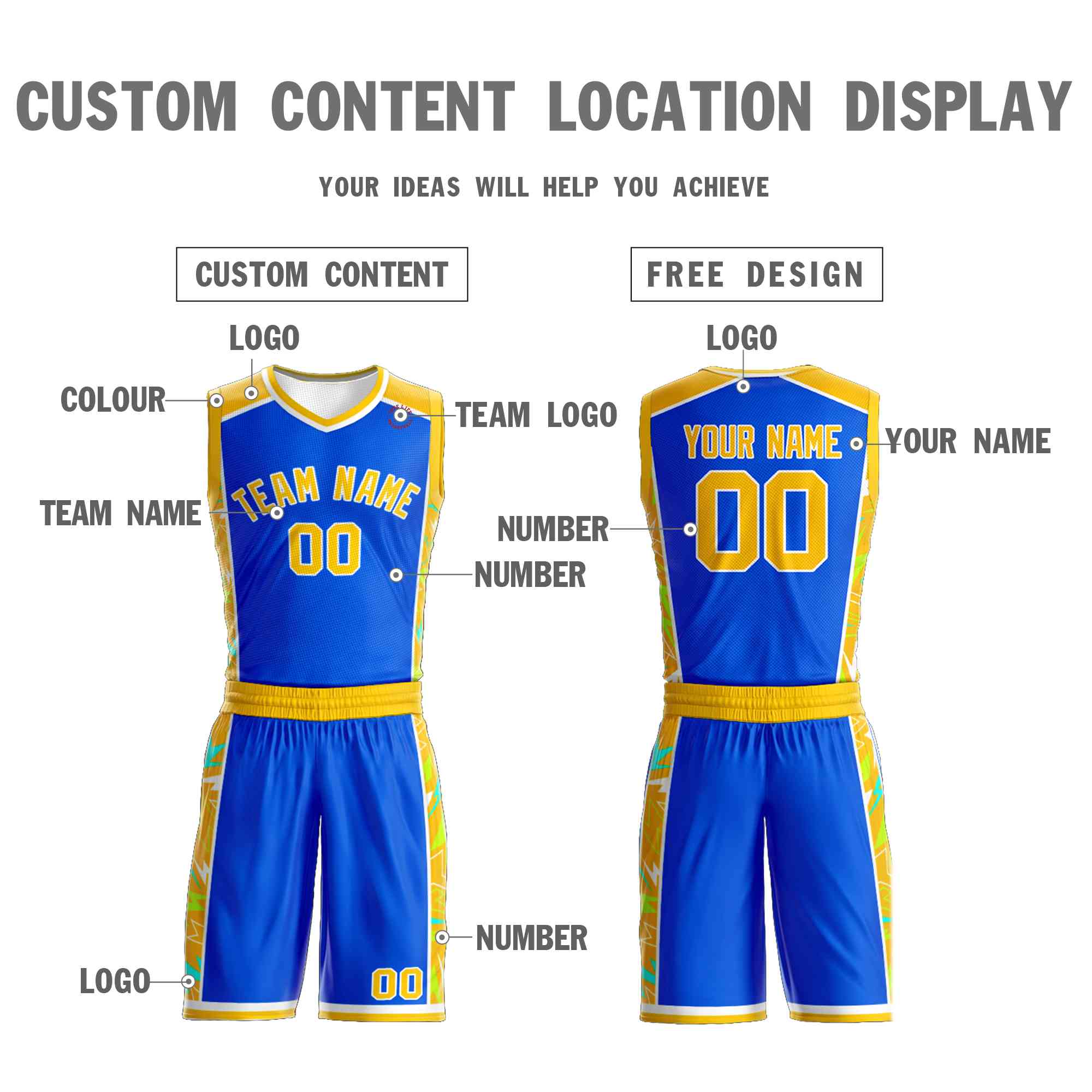 Custom Royal Gold-White Graffiti Pattern Sets Lightning Basketball Jersey