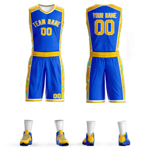 Custom Royal Gold-White Graffiti Pattern Sets Lightning Basketball Jersey