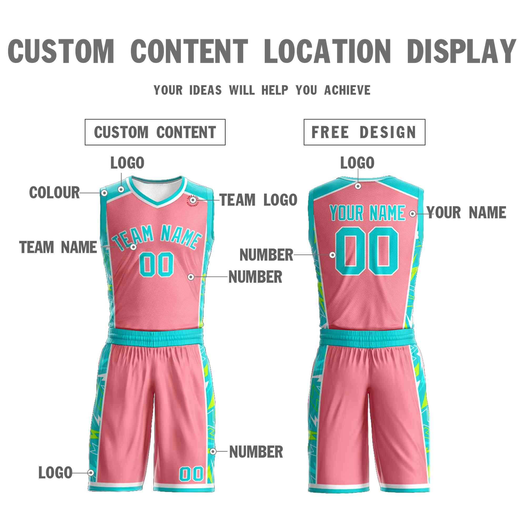 Le motif de graffiti rose aqua-blanc personnalisé définit le maillot de basket-ball Lightning